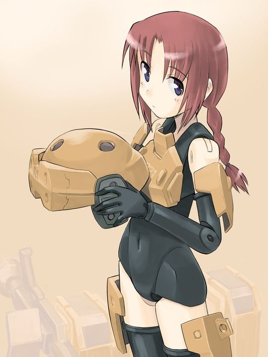 ugai yuichi, fort bragg, busou shinki, 10s, 1girl, armor, bare shoulders, black gloves, blue eyes, blush, braid, breastplate, brown hair, covered navel, cowboy shot, doll joints, elbow gloves, expressionless, faulds, female focus, from side, gloves, helmet, hip focus, holding, joints, leotard, long hair, looking at viewer, maroon hair, parted bangs, pauldrons, shoulder armor, single braid, solo, thighhighs, unworn headwear, unworn helmet