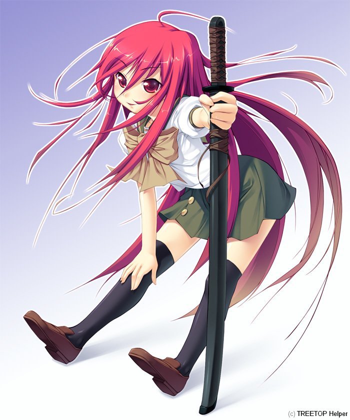 munashi mujou, shana, shakugan no shana, 00s, 1girl, ahoge, bow, brown shoes, female focus, full body, gradient background, katana, long hair, red eyes, red hair, school uniform, serafuku, shoes, skirt, solo, sword, thighhighs, weapon, zettai ryouiki