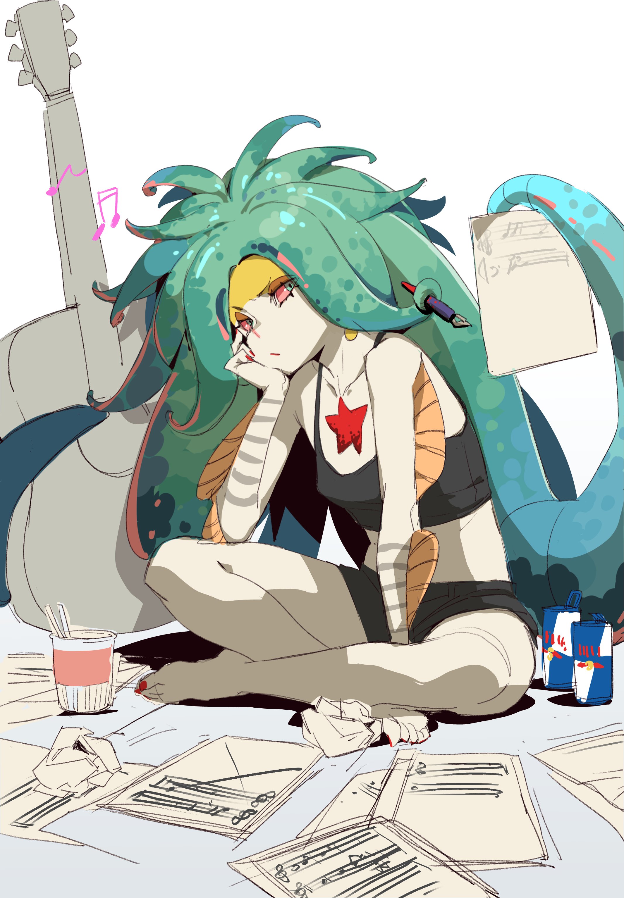 seuhyo99, scylla (hades), hades (series), hades 2, absurdres, highres, 1girl, breasts, colored sclera, green hair, guitar, instrument, long hair, looking at viewer, monster girl, smile, tentacle hair, underwear