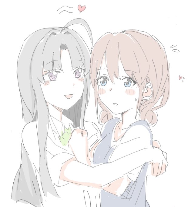 n nai nai n, awa subaru, iseri nina, girls band cry, 2girls, ahoge, black hair, blue eyes, blue sweater vest, brown hair, hug, long hair, low twintails, multiple girls, open mouth, parted bangs, purple eyes, shirt, short hair, short twintails, simple background, sweater vest, twintails, white background, white shirt, yuri