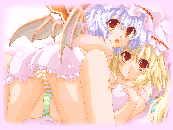 marimo (artist), flandre scarlet, remilia scarlet, touhou, 2girls, bat wings, blonde hair, blue hair, female focus, hat, mob cap, multiple girls, oekaki, panties, red eyes, ribbon, short hair, siblings, sisters, underwear, wings