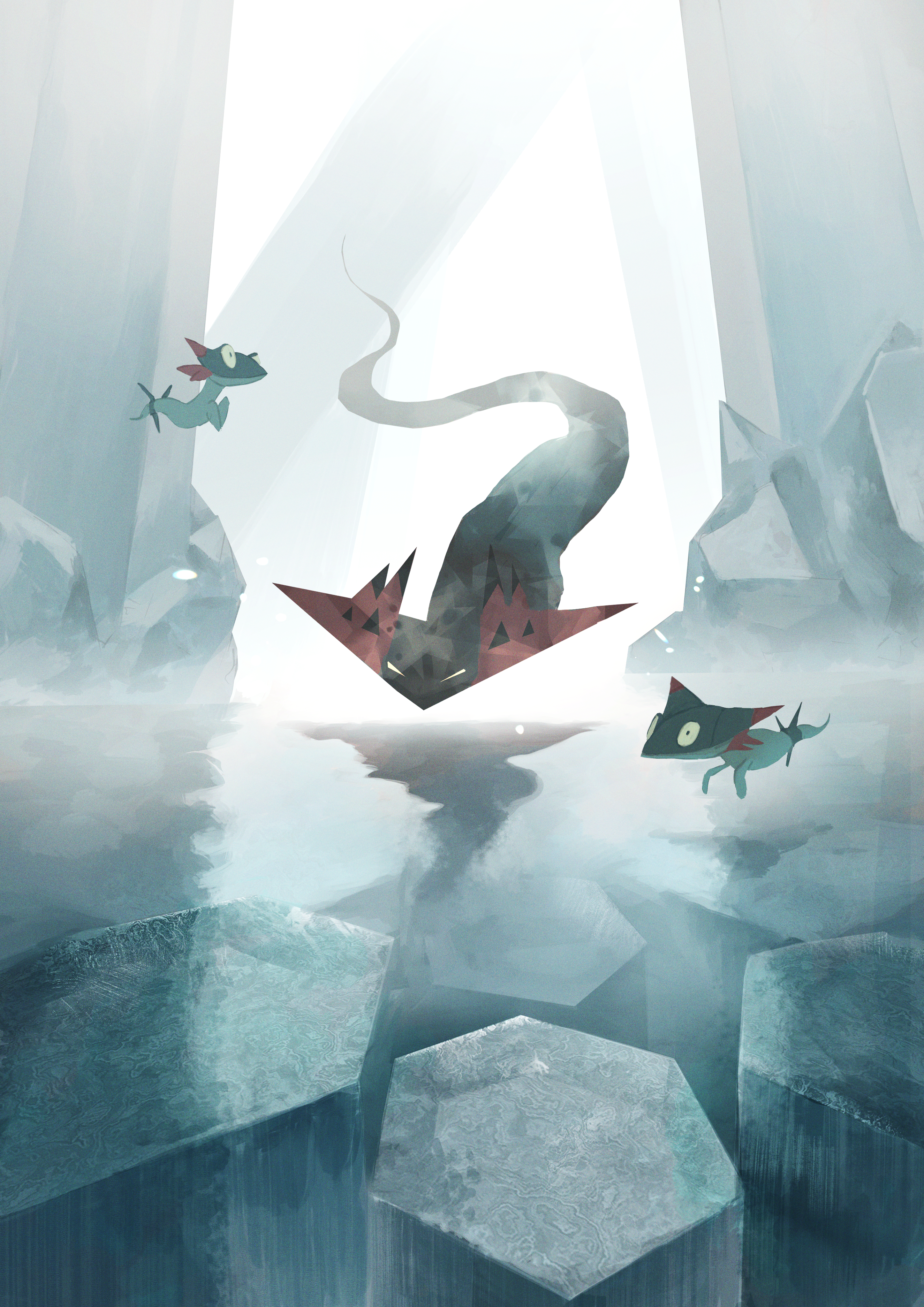 cchan tuka, dragapult, dreepy, nintendo, pokemon, absurdres, commentary request, highres, day, floating, fog, gen 8 pokemon, no humans, outdoors, pokemon (creature), pokemon focus, reflection, water, yellow eyes