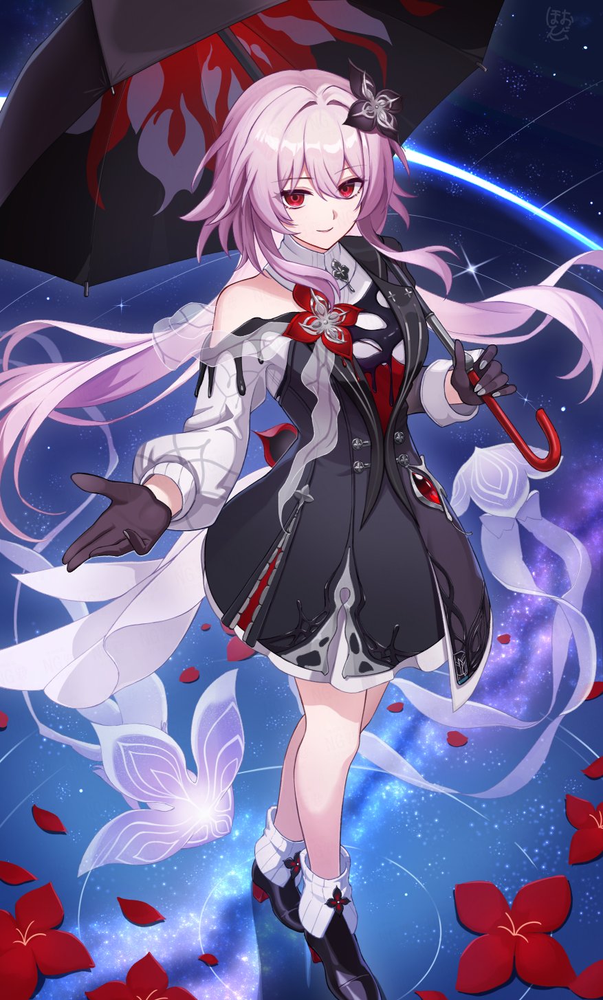 hobio, evernight (honkai: star rail), march 7th (honkai: star rail), honkai: star rail, honkai (series), commentary request, highres, 1girl, black dress, black gloves, black shoes, black umbrella, closed mouth, dress, full body, gloves, hair between eyes, hair ornament, holding, holding umbrella, long hair, long sleeves, looking at viewer, pink hair, red eyes, shoes, single bare shoulder, solo, standing, two-tone dress, umbrella, very long hair, white dress