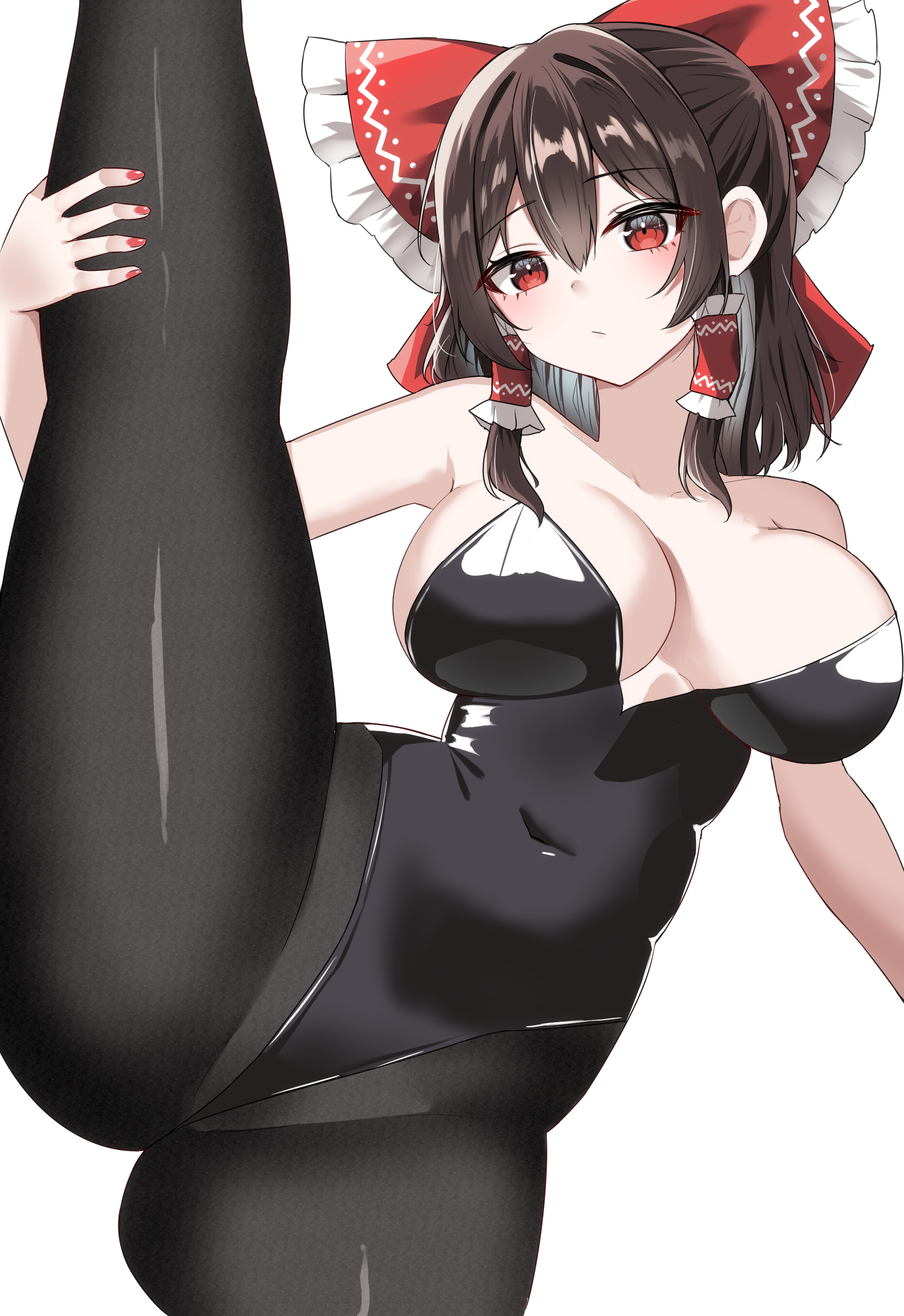 kiui (dagk8254), hakurei reimu, touhou, absurdres, highres, 1girl, black leotard, black pantyhose, bow, breasts, brown hair, expressionless, hair bow, large breasts, leotard, looking at viewer, pantyhose, red bow, red eyes, simple background, solo, split, standing, standing on one leg, standing split, strapless, strapless leotard, white background