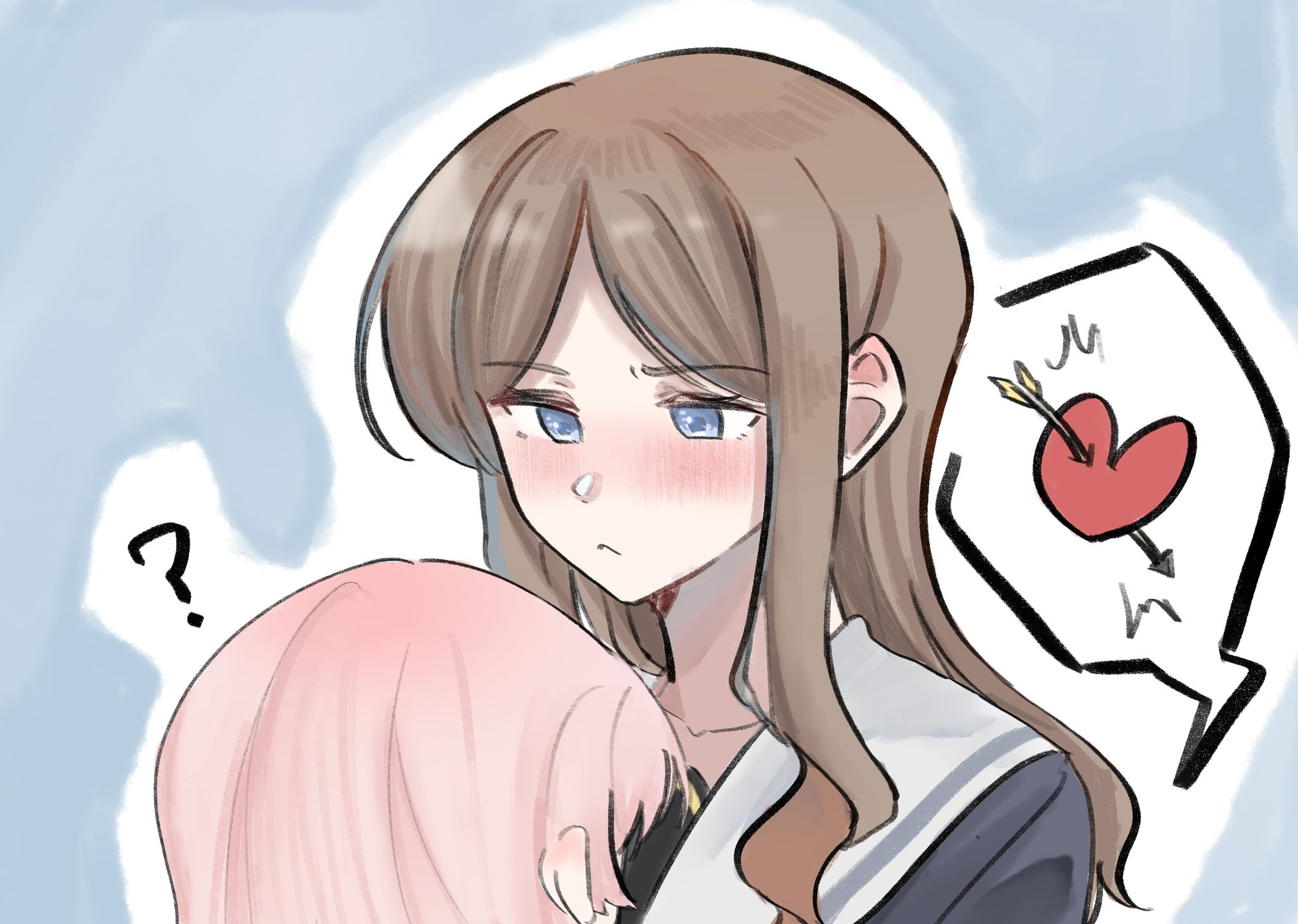 life hater art, chihaya anon, nagasaki soyo, bang dream!, bang dream! it's mygo!!!!!, highres, 2girls, :<, ?, arrow through heart, blue background, blue eyes, blue shirt, blush, brown hair, long hair, multiple girls, outline, pink hair, school uniform, shirt, sidelocks, tsukinomori school uniform, white outline, yuri