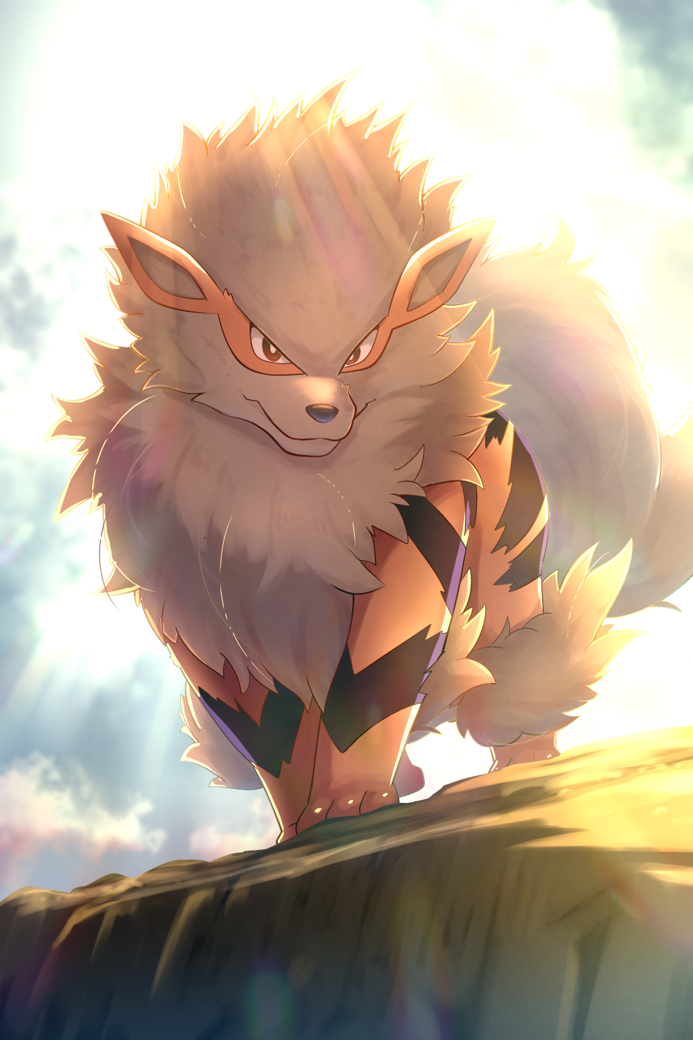 rumine (yoshi1234567), arcanine, nintendo, pokemon, commentary request, highres, bright pupils, brown eyes, closed mouth, cloud, day, from below, gen 1 pokemon, no humans, outdoors, pokemon (creature), pokemon focus, sky, solo, standing, white pupils
