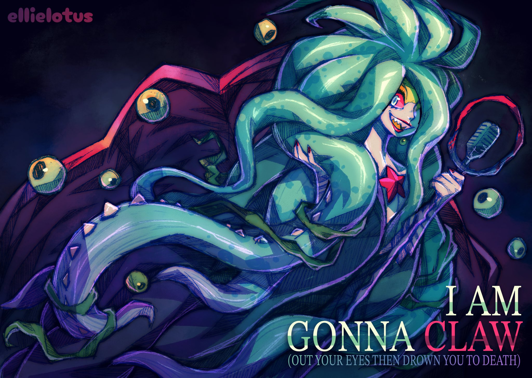 ellie lotus, scylla (hades), hades (series), hades 2, highres, 1girl, colored sclera, green hair, grin, long hair, looking at viewer, monster girl, open mouth, pink sclera, scylla, sharp teeth, smile, teeth, tentacle hair