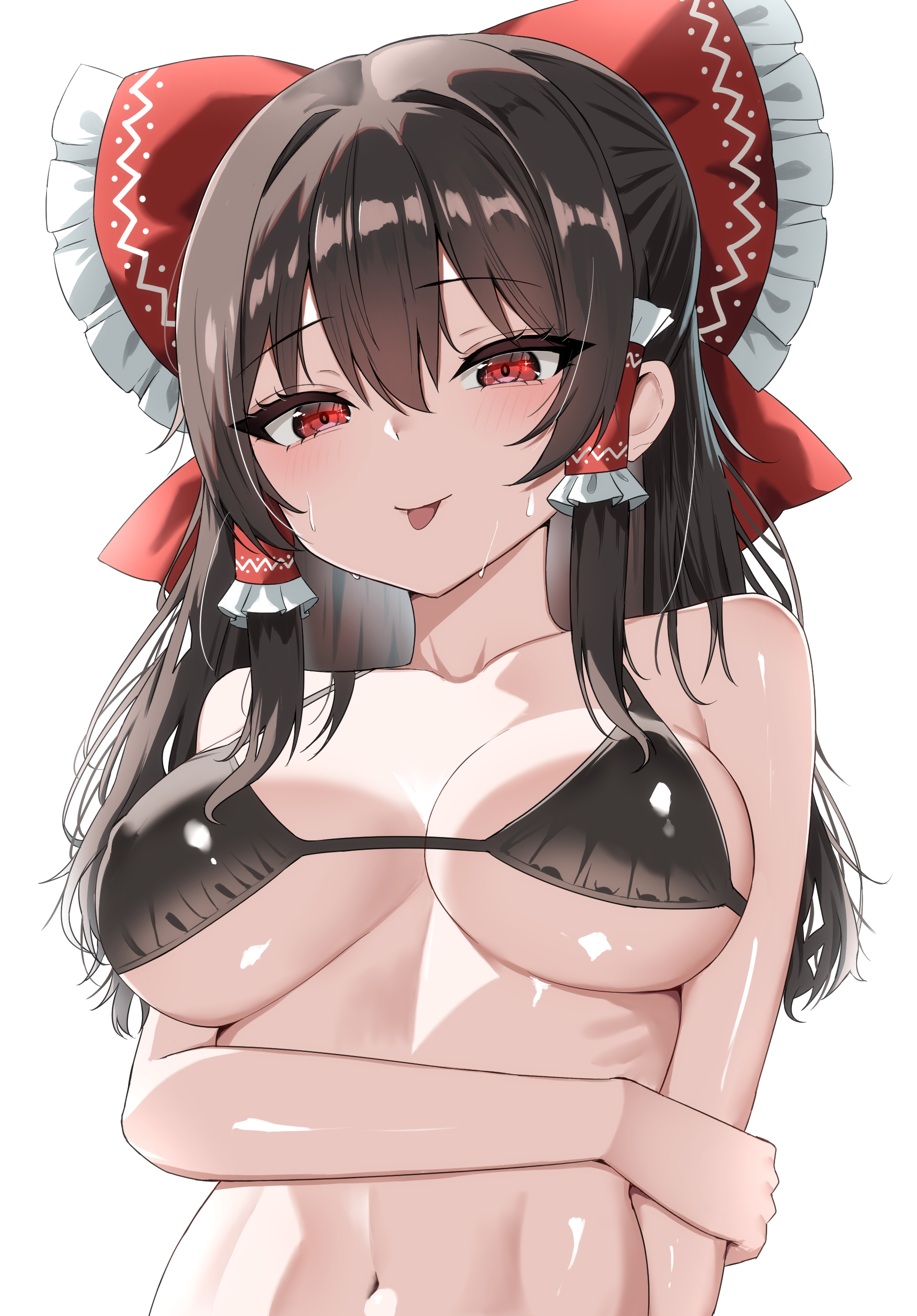 kiui (dagk8254), hakurei reimu, touhou, absurdres, highres, 1girl, :p, bikini, black bikini, bow, breasts, brown hair, covered erect nipples, hair bow, holding own arm, large breasts, long hair, red bow, red eyes, ribs, simple background, solo, sweat, swimsuit, tongue, tongue out, upper body, white background