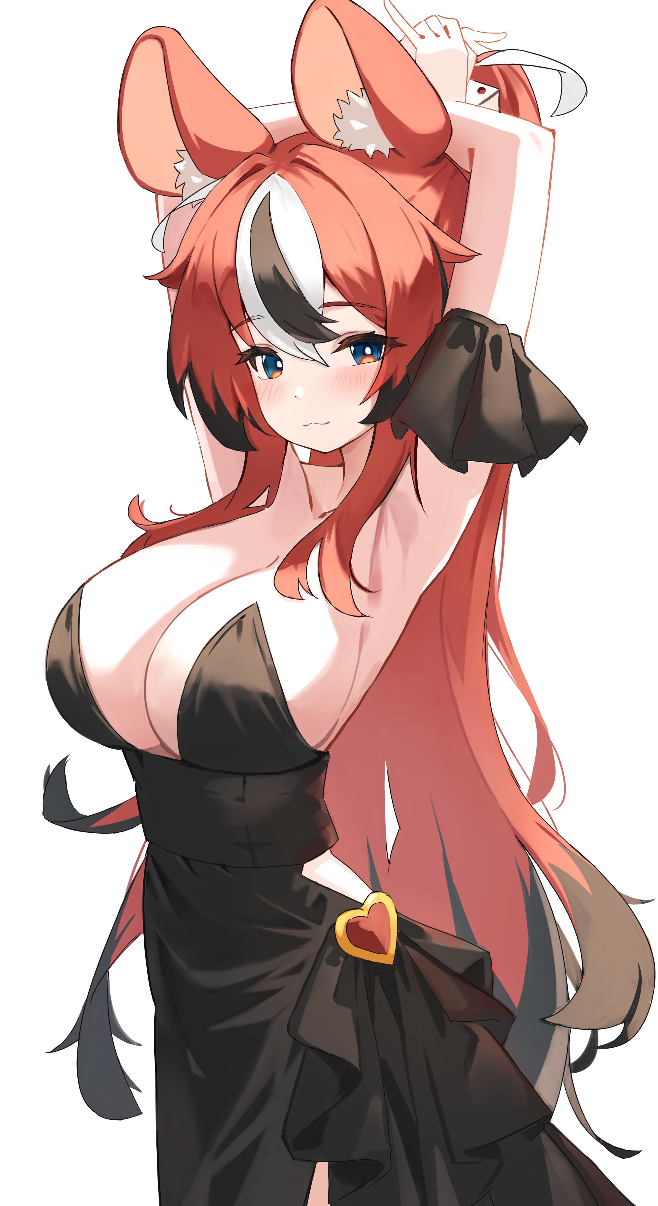 nokde, hakos baelz, hololive, hololive english, absurdres, highres, 1girl, :3, animal ears, arm garter, armpits, arms behind head, arms up, bare shoulders, black dress, blue eyes, breasts, cleavage, closed mouth, cowboy shot, dress, half updo, large breasts, long hair, looking at viewer, mouse ears, multicolored hair, red hair, simple background, smile, solo, strapless, strapless dress, streaked hair, two-tone hair, very long hair, virtual youtuber, white background