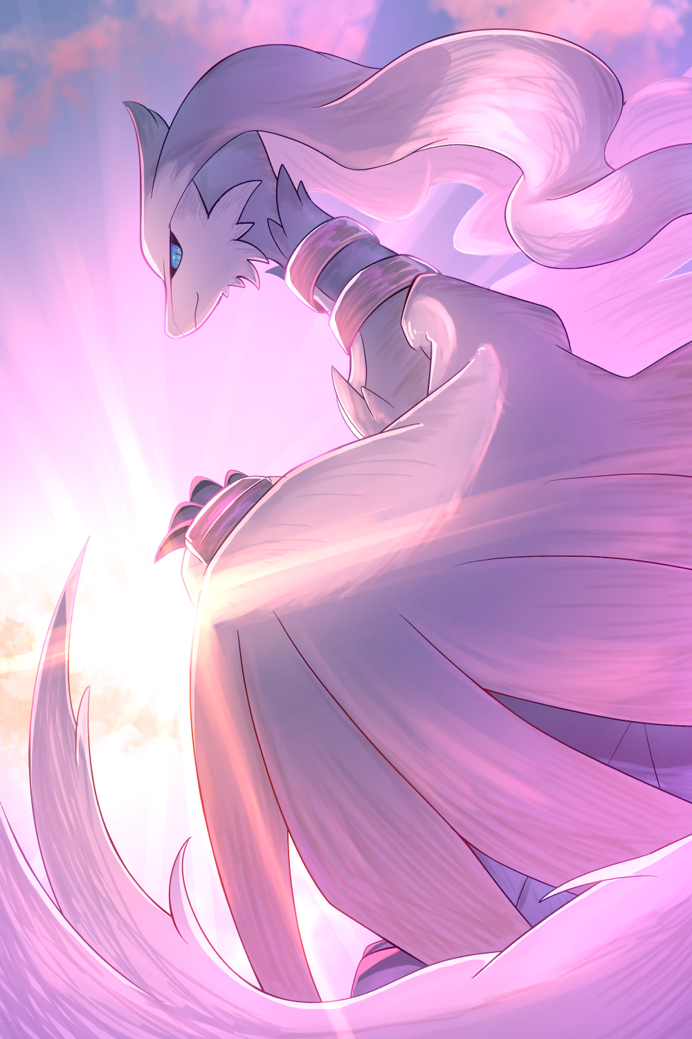 rumine (yoshi1234567), reshiram, nintendo, pokemon, commentary request, highres, black sclera, blue eyes, claws, closed mouth, cloud, colored sclera, gen 5 pokemon, legendary pokemon, no humans, outdoors, pokemon (creature), pokemon focus, sky, solo, sun
