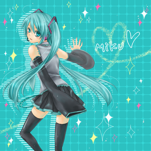 kanaka (pixiv340850), kanaka (sunset13), hatsune miku, vocaloid, bad id, bad pixiv id, 1girl, aqua eyes, aqua hair, detached sleeves, female focus, headset, long hair, looking back, necktie, skirt, solo, thighhighs, twintails, zettai ryouiki