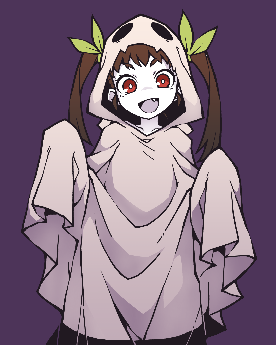 akableak, hachikuji mayoi, monogatari (series), highres, 1girl, brown hair, collarbone, colored eyebrows, eyelashes, fang, ghost costume, ghost pose, green ribbon, hair ribbon, hood, hood up, looking at viewer, open mouth, purple background, red eyes, ribbon, sidelocks, simple background, sleeves past fingers, sleeves past wrists, smile, solo, twintails, very long sleeves