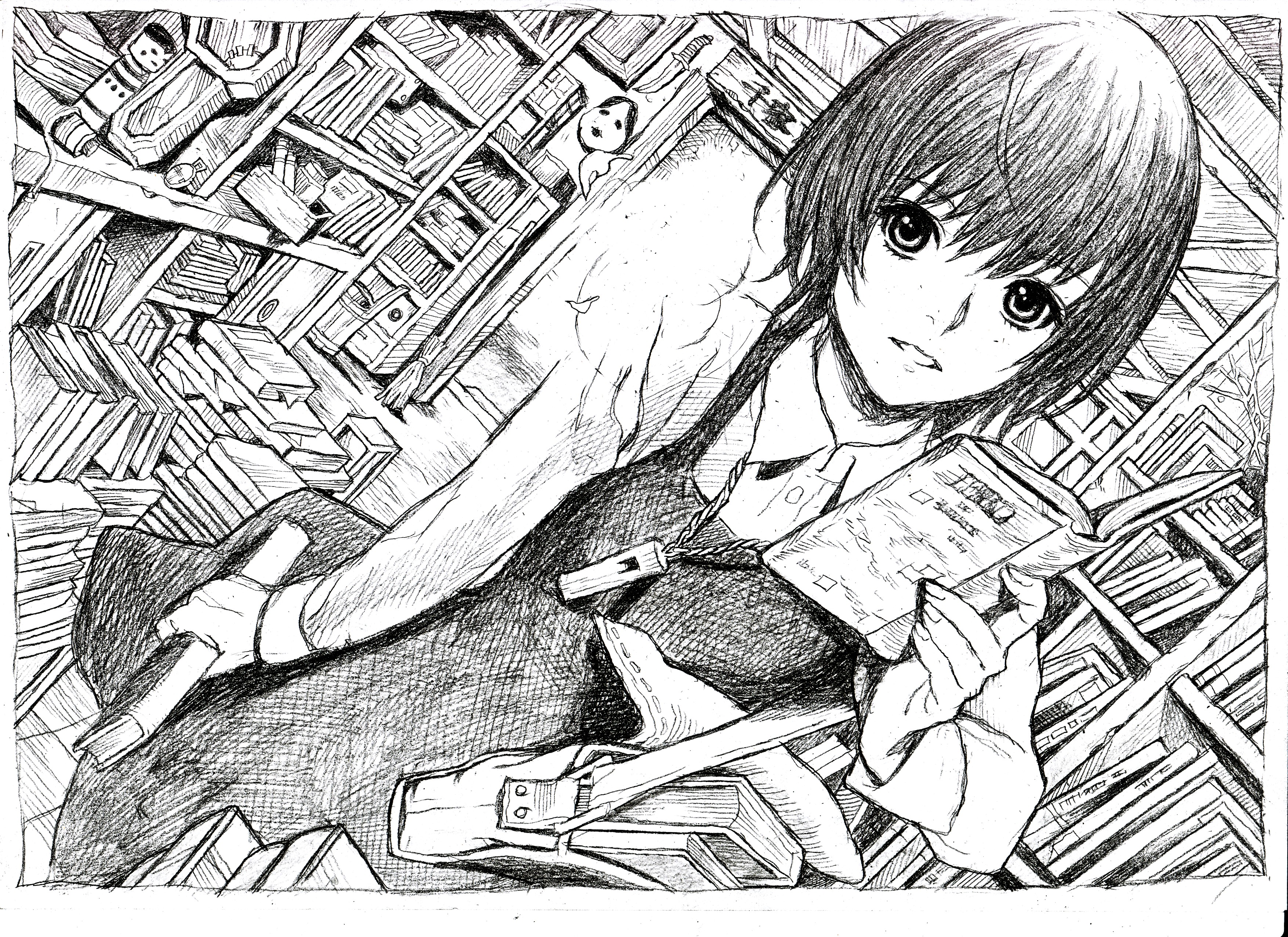 nobita (makoto7060355), original, absurdres, bad id, bad pixiv id, highres, traditional media, 1girl, bag, book, bookshelf, box, broom, bucket, cabinet, ceiling, clock, dress, dutch angle, female focus, ghost, greyscale, jar, knife, kokeshi, library, messenger bag, monochrome, open book, pocket watch, reading, scroll, short hair, shoulder bag, silk, solo, spider web, watch, whistle