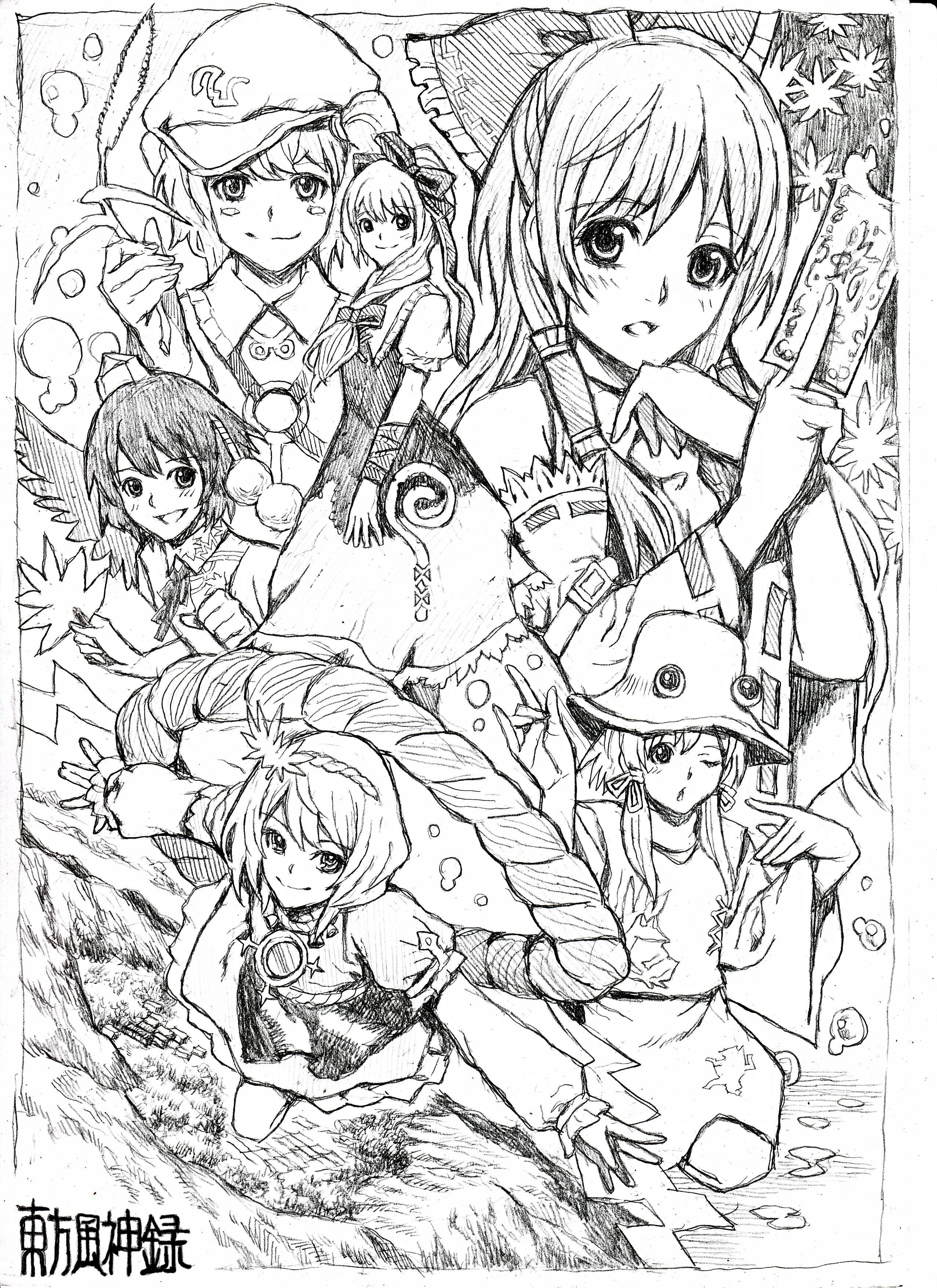 nobita (makoto7060355), hakurei reimu, kagiyama hina, kawashiro nitori, moriya suwako, shameimaru aya, yasaka kanako, touhou, absurdres, bad id, bad pixiv id, highres, 6+girls, armlet, belt, bow, bubble, card, dress, female focus, frog, greyscale, holding, holding card, jewelry, leaf, monochrome, multiple girls, necklace, pom pom (cheerleading), ribbon, short twintails, skirt, twintails, two side up, wheat, wings