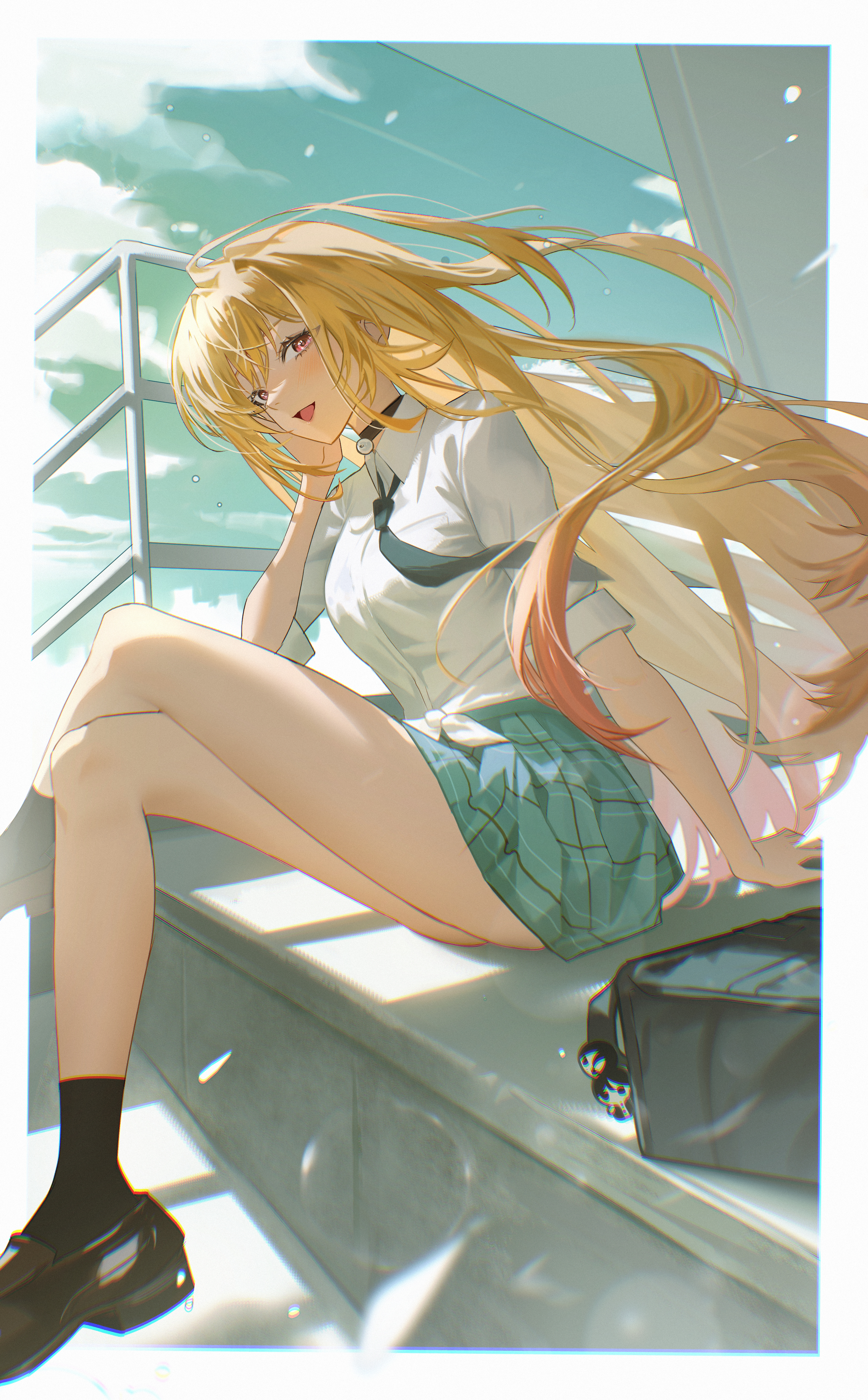 kkokoma, kitagawa marin, sono bisque doll wa koi wo suru, absurdres, highres, 1girl, black collar, blonde hair, blue skirt, breasts, collar, crossed legs, long hair, red eyes, shirt, sitting, skirt, solo, white shirt