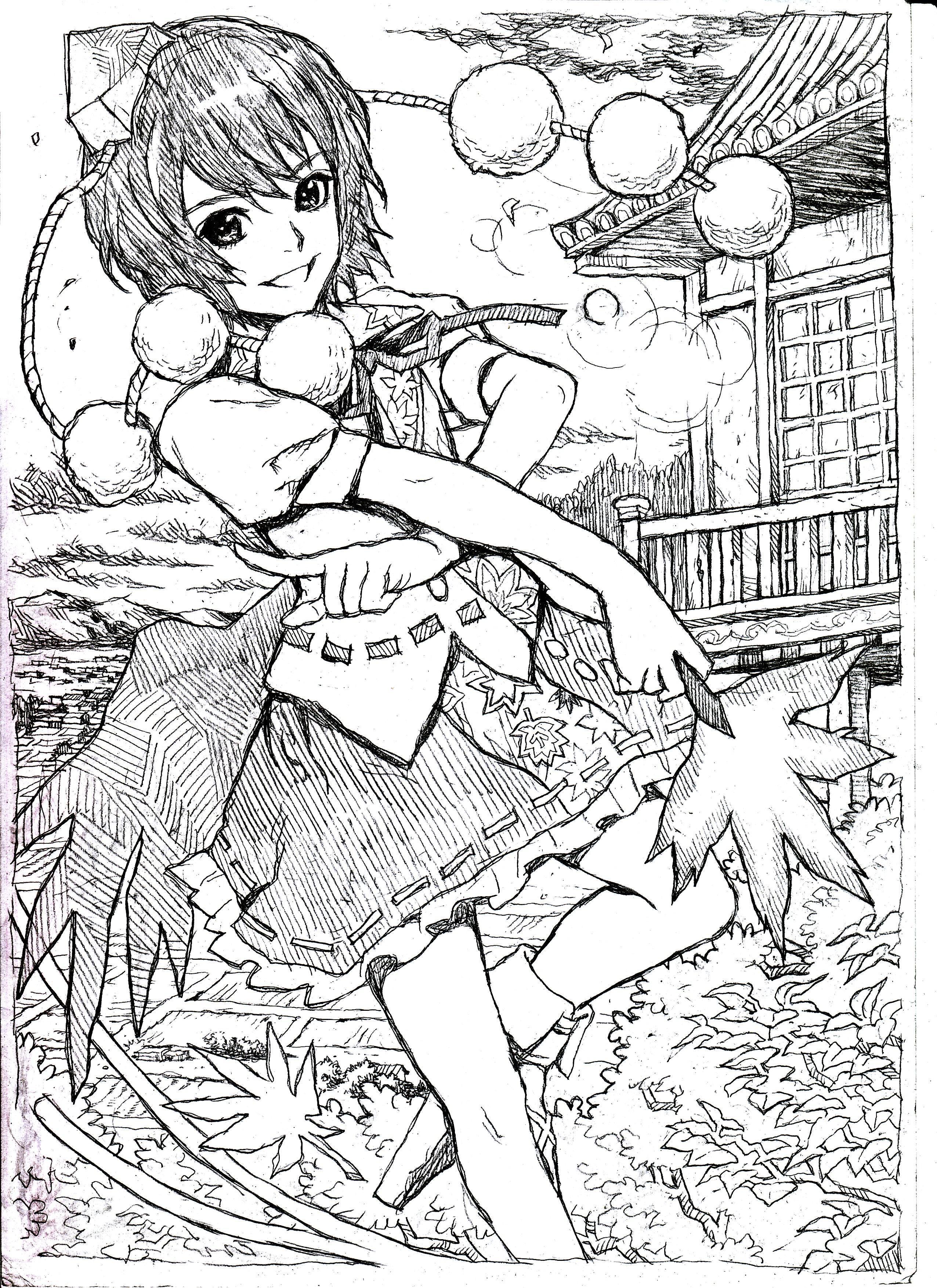 nobita (makoto7060355), shameimaru aya, touhou, absurdres, bad id, bad pixiv id, highres, 1girl, female focus, geta, greyscale, hat, looking at viewer, monochrome, open mouth, smile, solo, tengu-geta