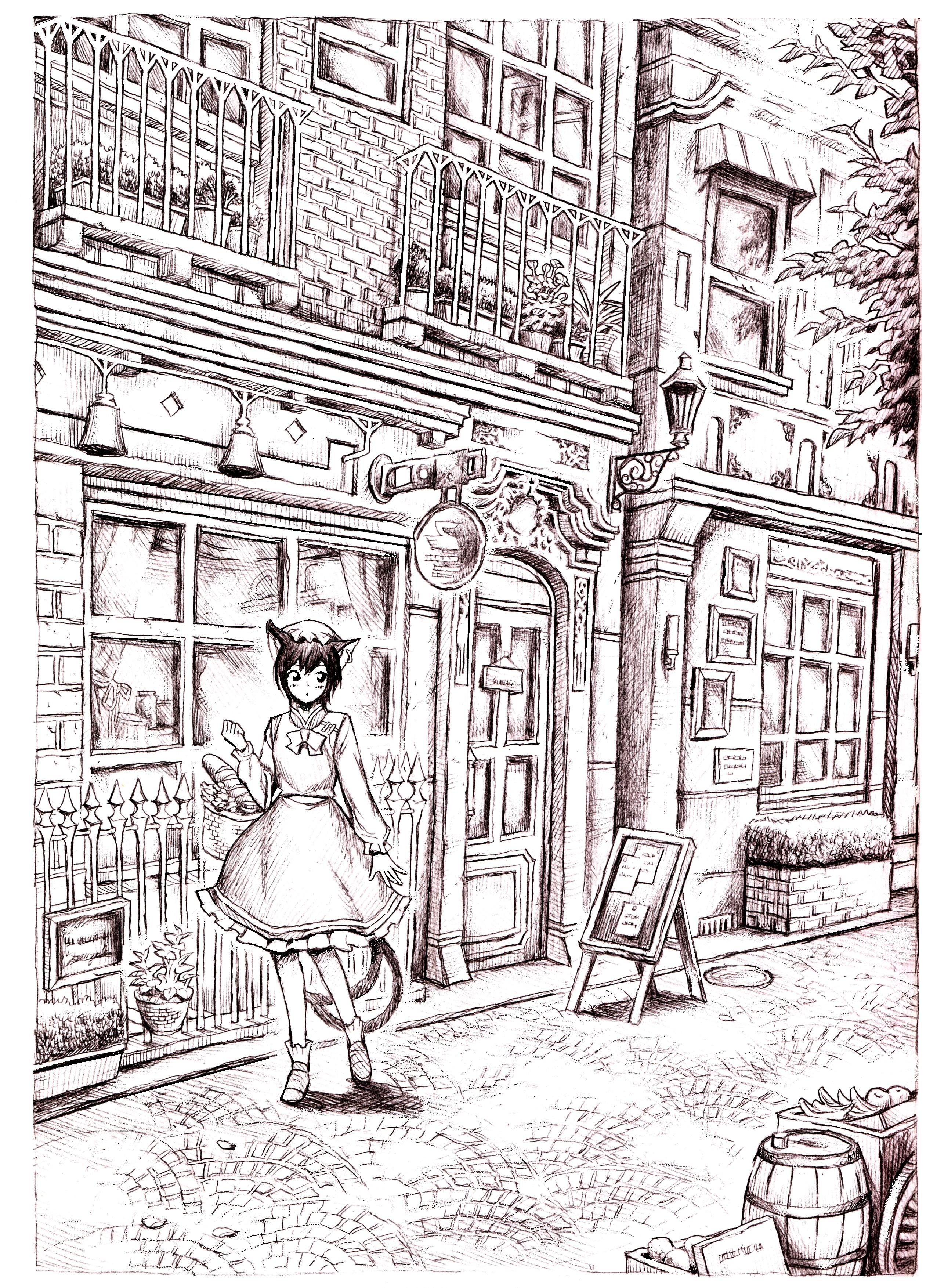 nobita (makoto7060355), chen, touhou, absurdres, highres, 1girl, animal ears, brown theme, cat ears, cat girl, dress, female focus, hat, monochrome, nature, outdoors, plant, solo