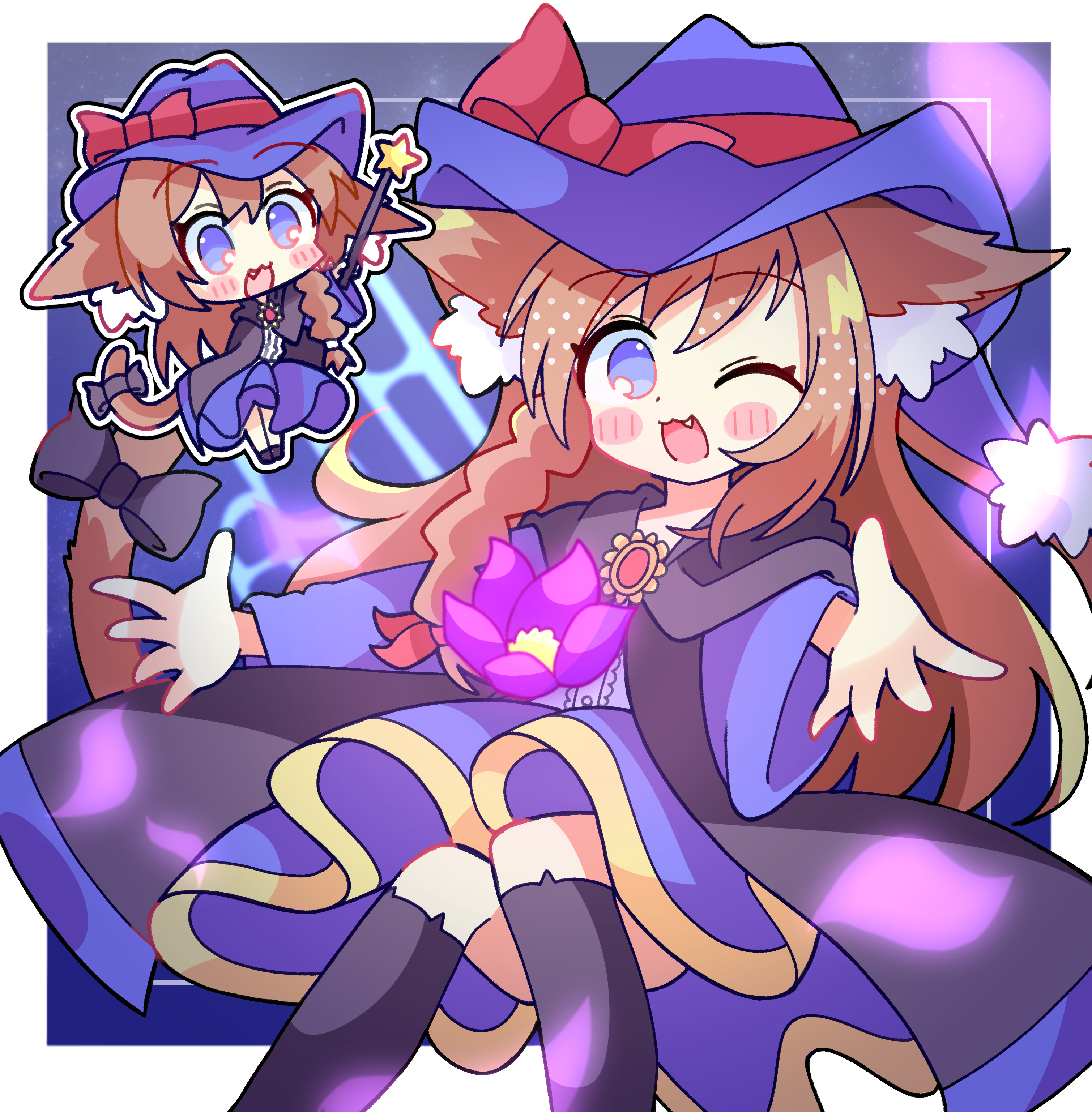 komataso9, original, absurdres, commission, commissioner upload, highres, non-web source, skeb commission, 1girl, animal ear fluff, animal ears, aqua eyes, black ribbon, blush, border, braid, brown hair, casting spell, cat ears, cat tail, chibi, dress, fang, floating, flower, hair over shoulder, hat, hat ribbon, kneehighs, long hair, looking at viewer, magical girl, mewry (fuki nyan), one eye closed, outstretched arms, purple flower, red ribbon, ribbon, robe, side braid, smile, socks, solo, spread arms, tail, tail ornament, tail ribbon, wand, witch hat