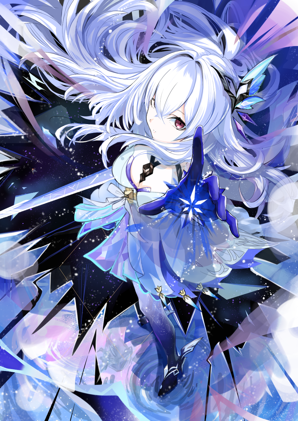 kc ncp, skirk (genshin impact), genshin impact, highres, arm up, breasts, dress, hair between eyes, hair ornament, large breasts, long hair, looking at viewer, pink eyes, solo, sword, very long hair, weapon, white dress, white hair