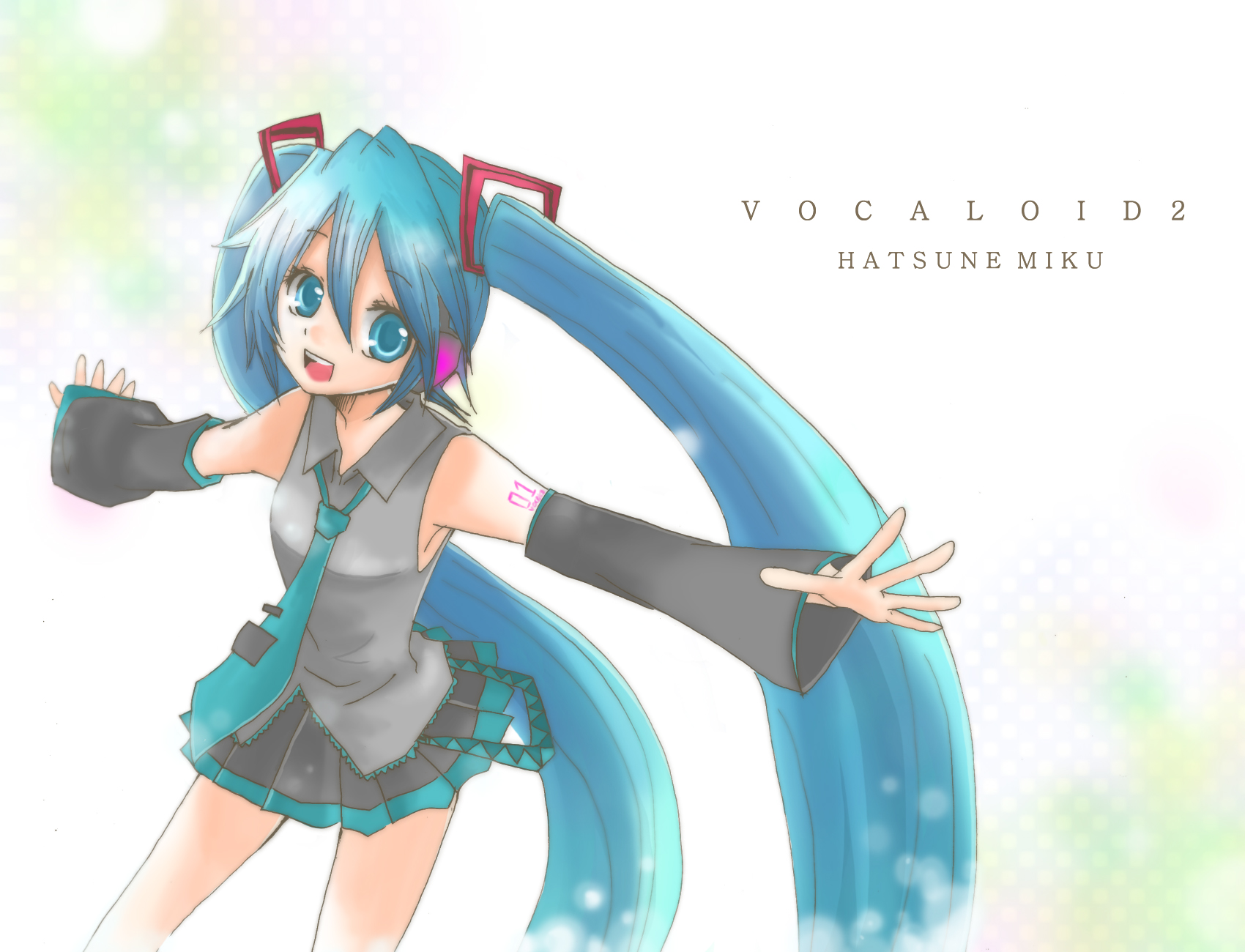 efu, hatsune miku, vocaloid, bad id, bad pixiv id, highres, blue eyes, blue hair, detached sleeves, long hair, necktie, skirt, solo, twintails, very long hair