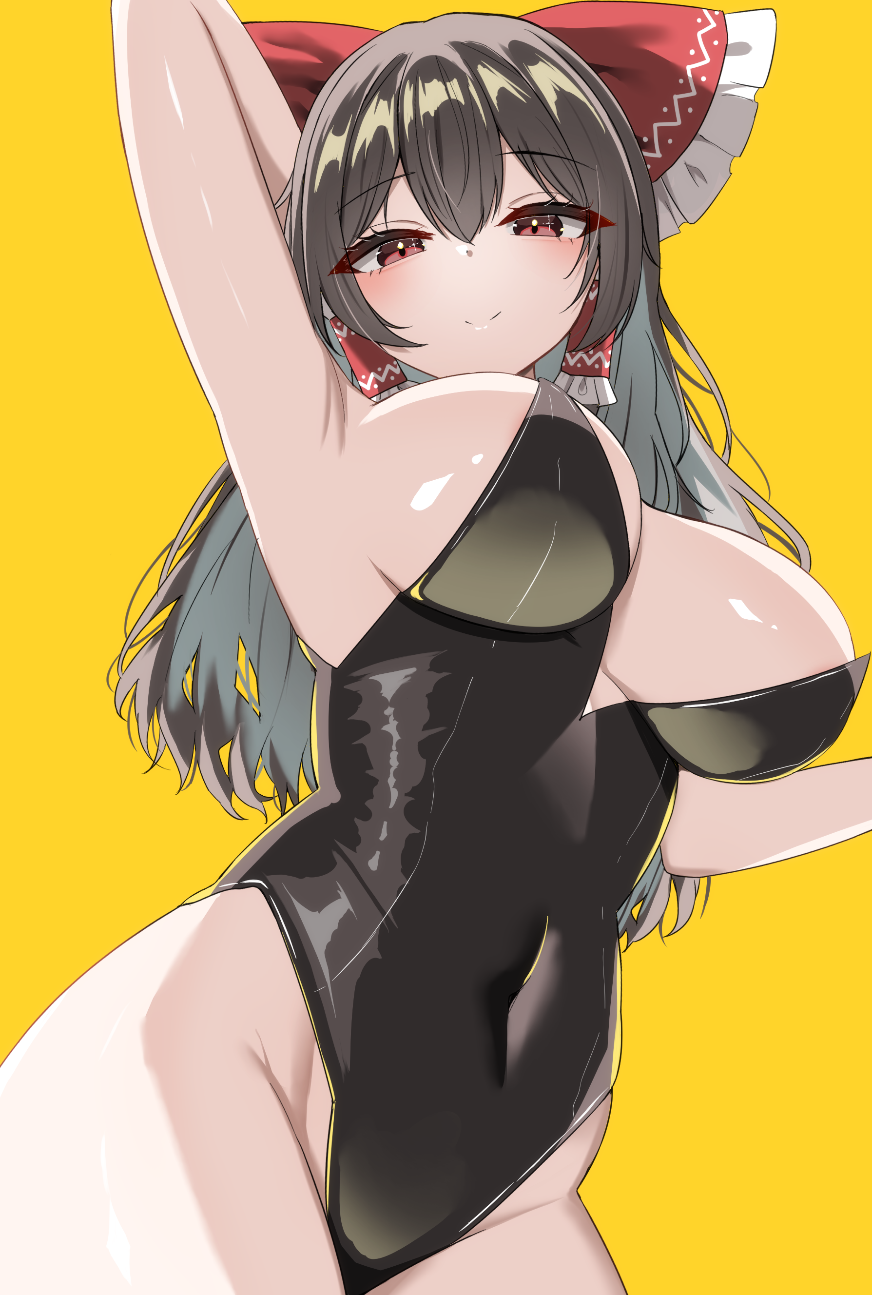 kiui (dagk8254), hakurei reimu, touhou, absurdres, highres, 1girl, black leotard, bow, breasts, brown hair, covered navel, hair bow, hair tubes, large breasts, leotard, long hair, looking at viewer, red bow, red eyes, simple background, smile, solo, strapless, strapless leotard, yellow background