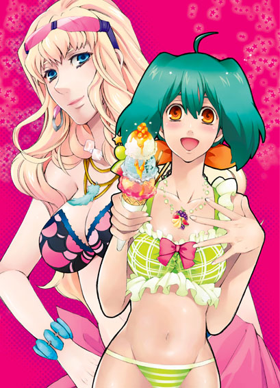 unizo, ranka lee, sheryl nome, macross, macross frontier, 00s, bikini, blonde hair, green hair, long hair, short hair, swimsuit
