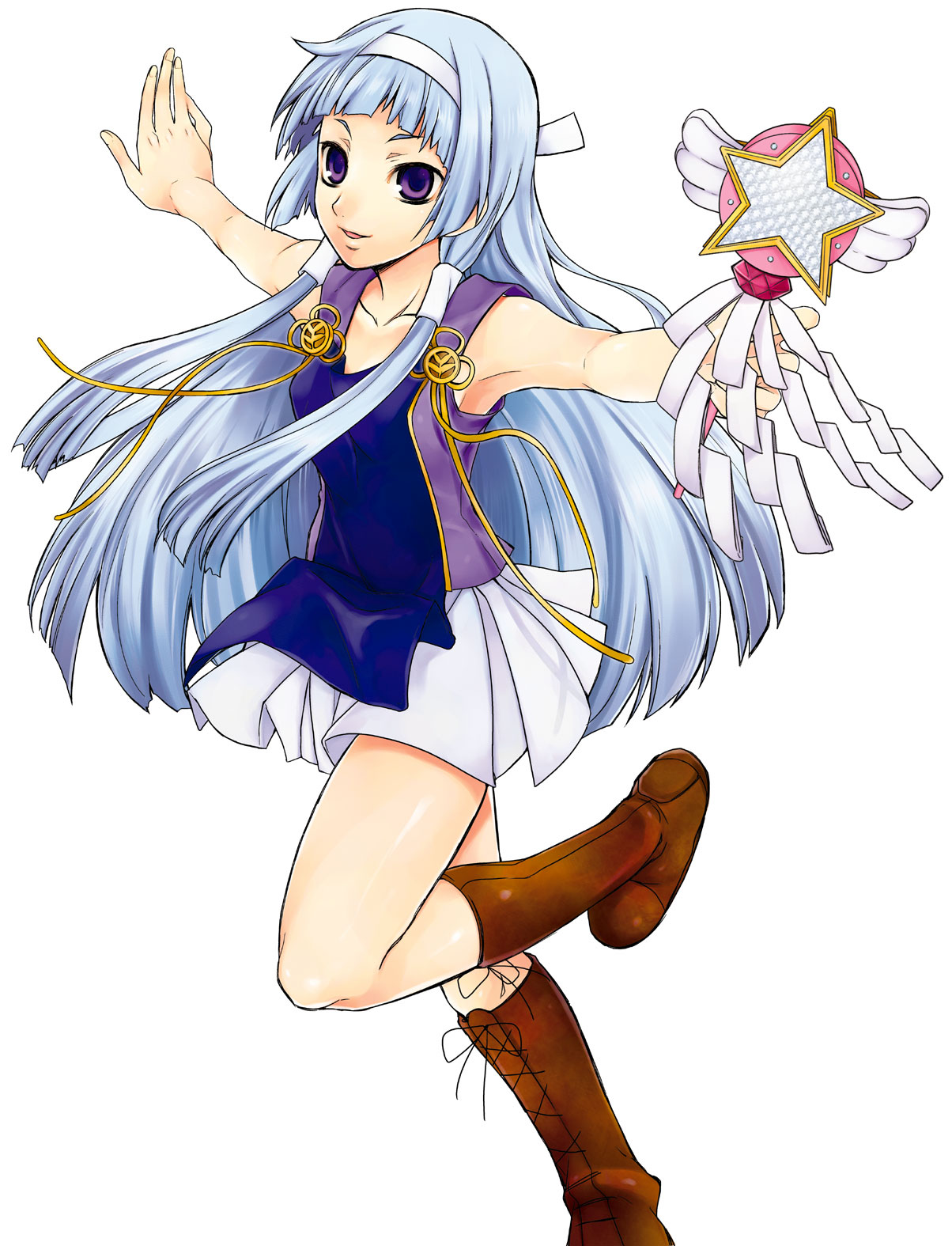 unizo, nagi, kannagi, highres, 00s, 1girl, blue hair, blunt bangs, boots, female focus, hair tubes, hairband, headband, long hair, miniskirt, outstretched arms, pleated skirt, purple eyes, shide, skirt, solo, staff, wand, white skirt