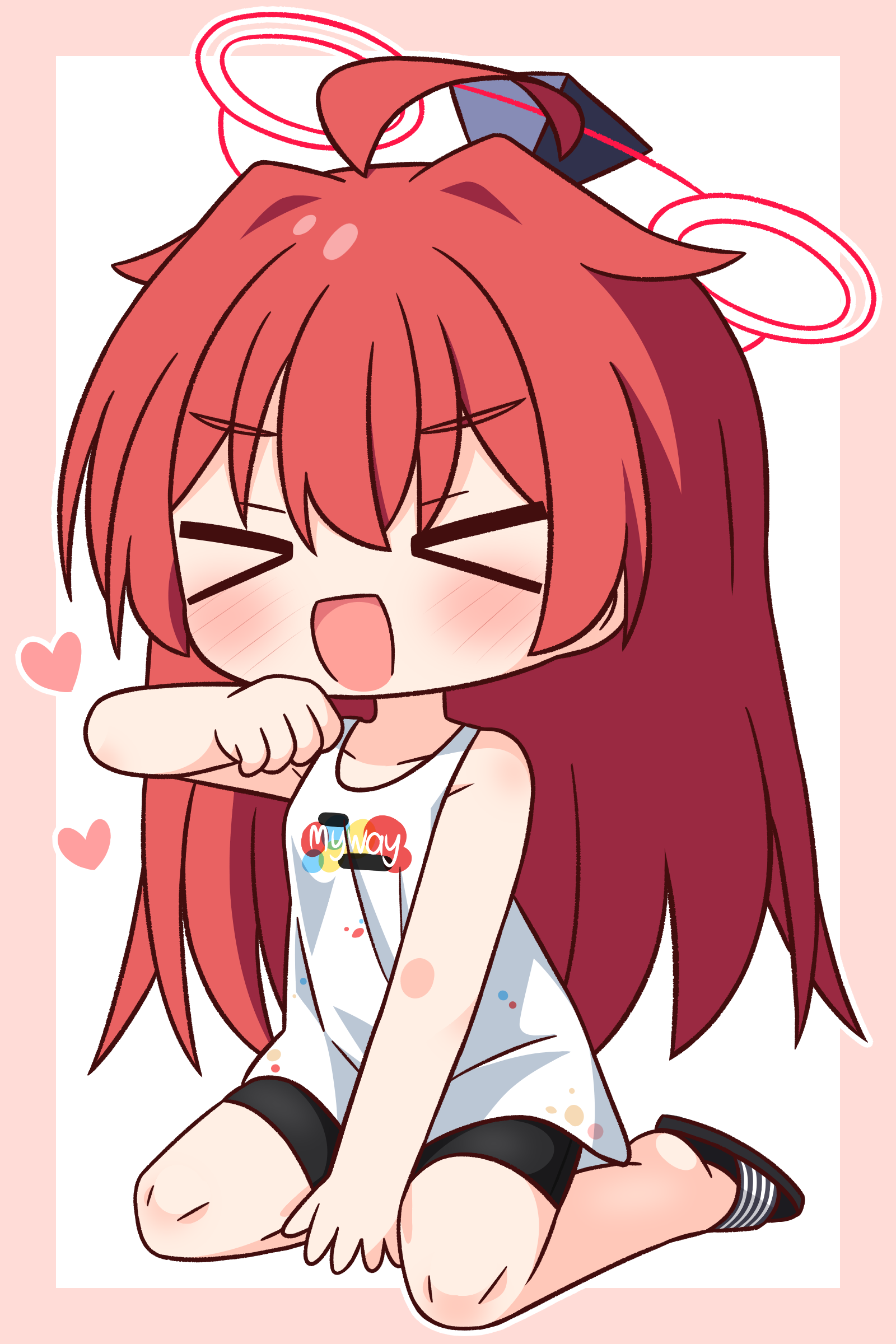 hana kazari, maki (blue archive), maki (pajamas) (blue archive), blue archive, absurdres, commentary request, highres, > <, 1girl, :d, ahoge, bare arms, bare shoulders, black sandals, black shorts, blush, border, closed eyes, full body, halo, hand up, heart, long hair, open mouth, outside border, pink border, print shirt, red hair, red halo, sandals, shirt, shorts, simple background, sitting, sleeveless, sleeveless shirt, smile, solo, white background, white shirt, xd