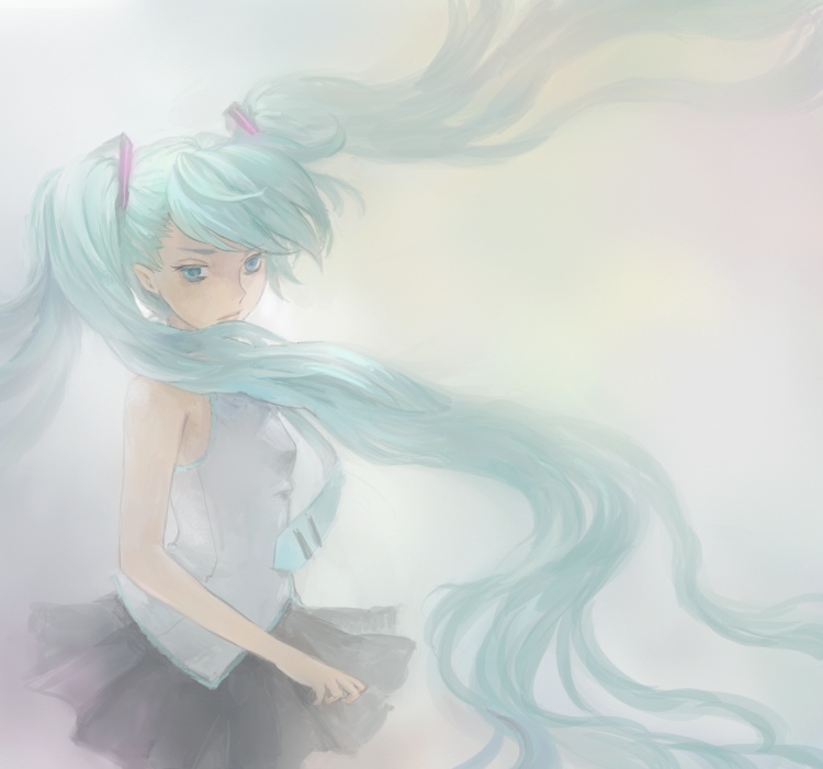 ris, hatsune miku, vocaloid, bad id, bad pixiv id, aqua eyes, aqua hair, long hair, necktie, skirt, solo, twintails, very long hair