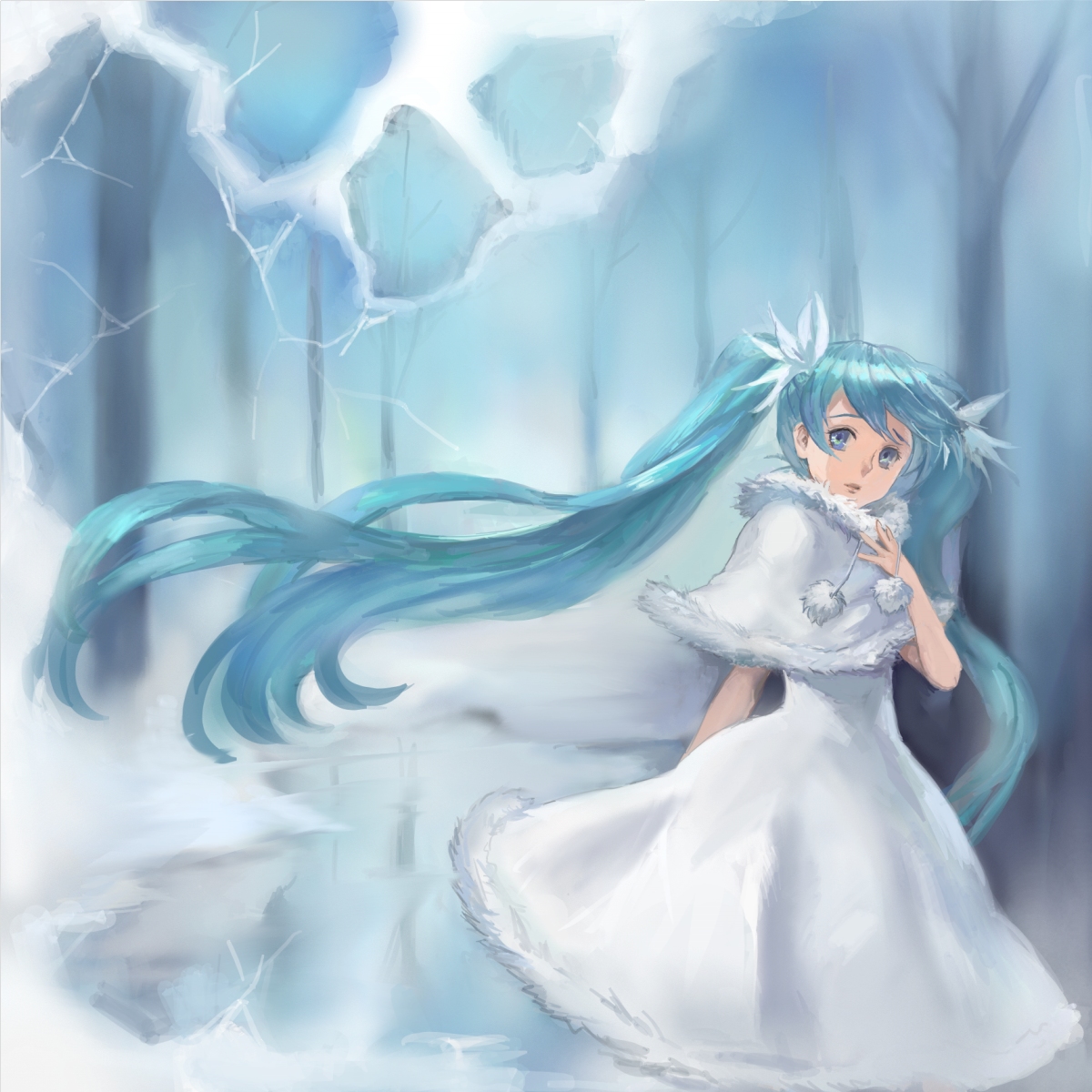 ris, hatsune miku, vocaloid, bad id, bad pixiv id, highres, blue eyes, blue hair, long hair, solo, tree, twintails, very long hair, winter