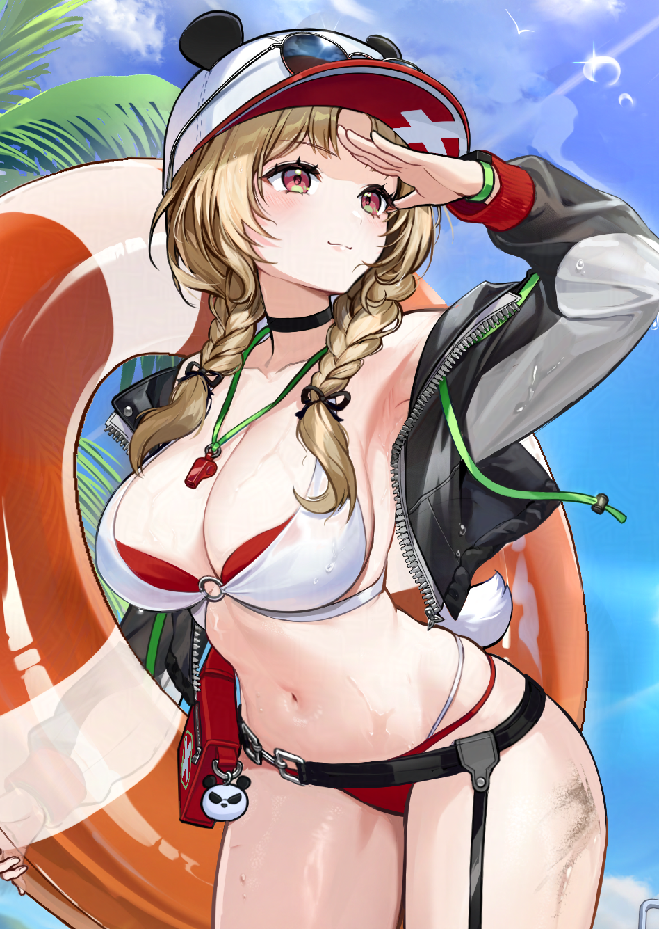 ssong990, original, 1girl, :3, animal ears, arm up, armpits, baseball cap, belt, bikini, black belt, black choker, black jacket, blonde hair, blue sky, breasts, choker, cleavage, closed mouth, cloud, collarbone, cowboy shot, cropped jacket, day, dirty, eyewear on headwear, garter belt, garter straps, green eyes, grey jacket, hair over shoulder, hat, holding, holding swim ring, innertube, jacket, large breasts, layered bikini, leaning forward, light blush, long hair, long sleeves, looking afar, looking to the side, low twin braids, multi-strapped bikini bottom, multicolored eyes, navel, o-ring, o-ring bikini, o-ring top, off shoulder, open clothes, open jacket, orange innertube, palm tree, parted bangs, red bikini, red eyes, shading eyes, short tail, single garter strap, sky, smile, solo, standing, sunglasses, swim ring, swimsuit, tail, tree, twin braids, unzipped, waist bag, wet, wet clothes, whistle, whistle around neck, white bikini, white hat, white tail, wide hips, zipper