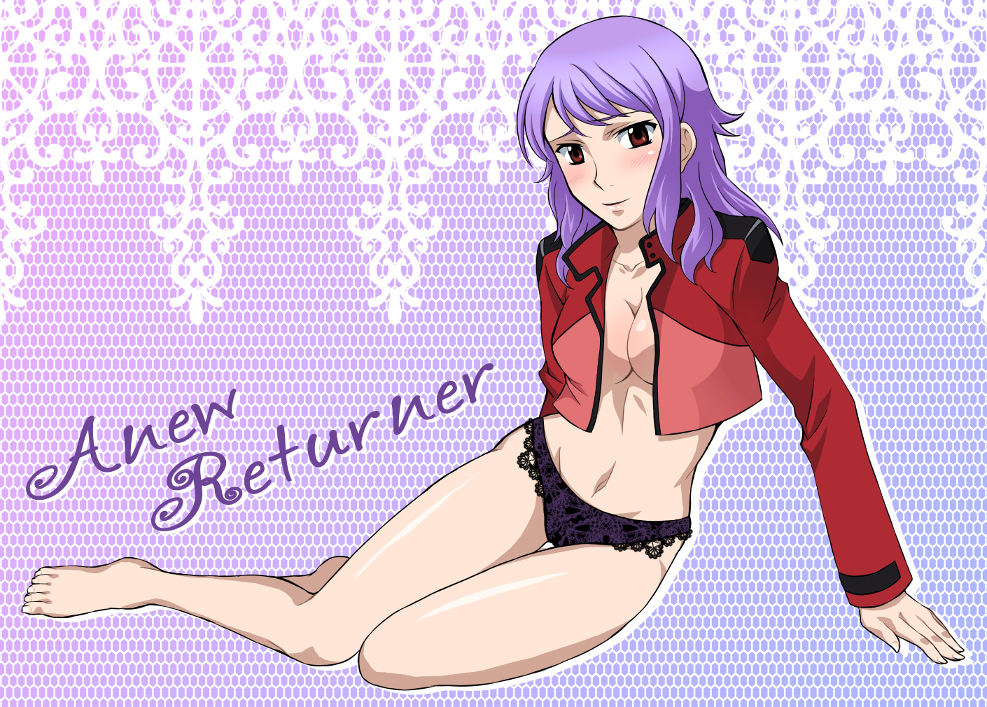kuro (pizz66), anew returner, gundam, gundam 00, bad id, bad pixiv id, 00s, 1girl, barefoot, blush, breasts, cleavage, crop top, female focus, medium breasts, no bra, open clothes, panties, purple hair, purple panties, red eyes, short hair, solo, underwear