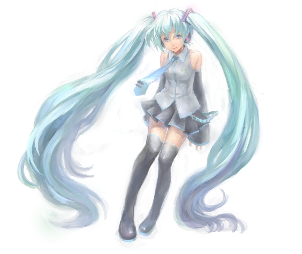ris, hatsune miku, vocaloid, bad id, bad pixiv id, aqua eyes, aqua hair, detached sleeves, long hair, necktie, skirt, solo, thighhighs, twintails, very long hair