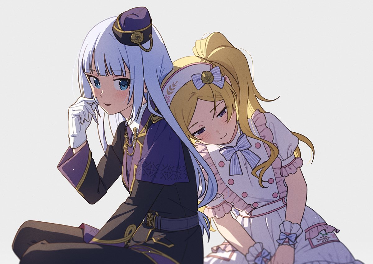 mishio, emily stewart, shiraishi tsumugi, idolmaster, idolmaster million live!, idolmaster million live! theater days, commentary, 2girls, bandaid, bandaid on face, belt, black jacket, blonde hair, blue bow, blue bowtie, blue eyes, blue hair, blunt bangs, blush, bow, bowtie, collared shirt, flower, frilled shirt, frilled wrist cuffs, frills, garrison cap, gloves, grey background, hair bow, hair flower, hair ornament, hand up, hat, hat flower, jacket, leaning on person, light smile, long hair, long sleeves, looking back, mini hat, multicolored jacket, multiple girls, necktie, nurse, nurse cap, official alternate costume, parted bangs, parted lips, puffy short sleeves, puffy sleeves, purple belt, purple eyes, purple hat, purple jacket, purple necktie, shirt, short sleeves, sidelocks, sitting, skirt, striped bow, sweater guard, twintails, two-tone jacket, white gloves, white hat, white shirt, white skirt, wrist cuffs