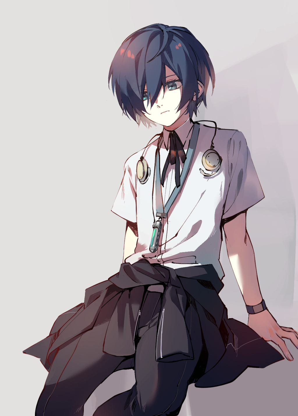 lor (roasyerizyonirapi), yuuki makoto (persona 3), persona, persona 3, commentary request, highres, 1boy, arms at sides, black jacket, black pants, black ribbon, blue eyes, blue hair, closed mouth, clothes around waist, digital media player, digital walkman, earphones, feet out of frame, fingernails, frown, gekkoukan high school uniform, grey background, hair between eyes, jacket, jacket around waist, looking to the side, male focus, pants, ribbon, school uniform, shirt, short hair, short sleeves, simple background, sitting, solo, walkman nw-s203f, watch, white shirt, wristwatch