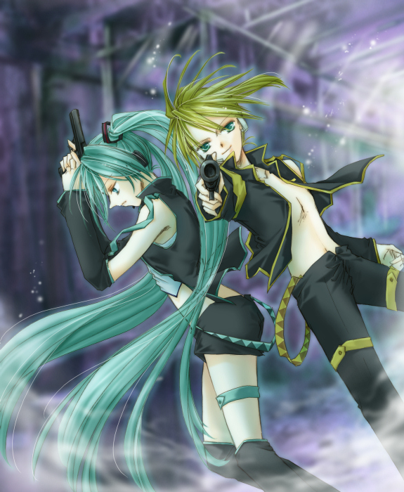 fujie, hatsune miku, kagamine len, vocaloid, detached sleeves, gun, long hair, midriff, short shorts, shorts, twintails, very long hair, weapon