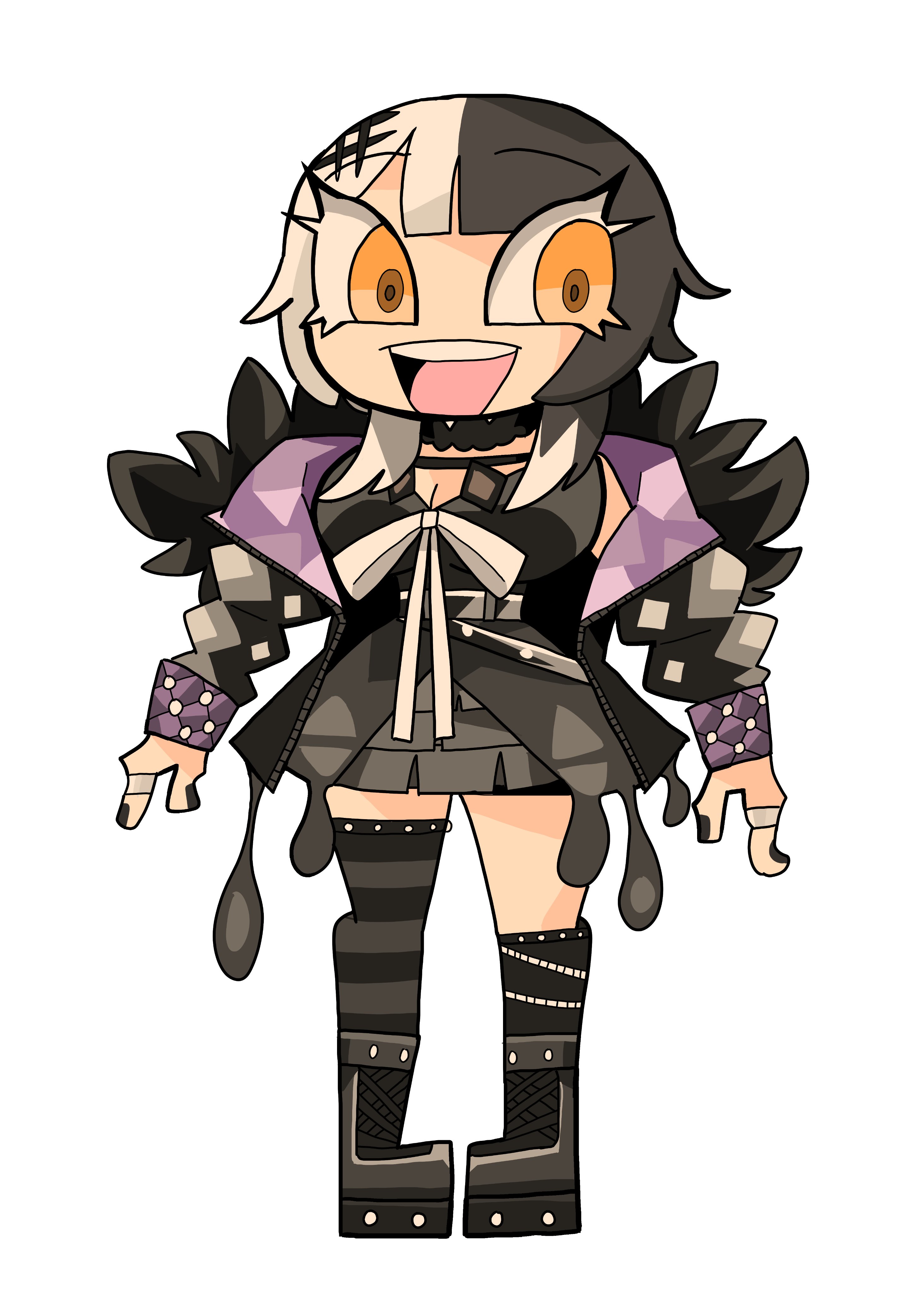 denkiusagi, shiori novella, shiori novella (1st costume), hololive, absurdres, highres, 1girl, :d, asymmetrical legwear, belt, black boots, black choker, black coat, black dress, black hair, black nails, black socks, black thighhighs, boots, breasts, chibi, chibi only, choker, coat, dress, flat color, full body, fur-trimmed coat, fur trim, goth fashion, grey hair, hair ornament, high heel boots, high heels, jewelry, kneehighs, layered dress, long hair, mismatched legwear, multicolored hair, nail polish, open mouth, ribbon, ring, simple background, single kneehigh, single sock, single thighhigh, smile, socks, solo, split-color hair, striped clothes, striped thighhighs, thighhighs, virtual youtuber, white background, white ribbon, yellow eyes
