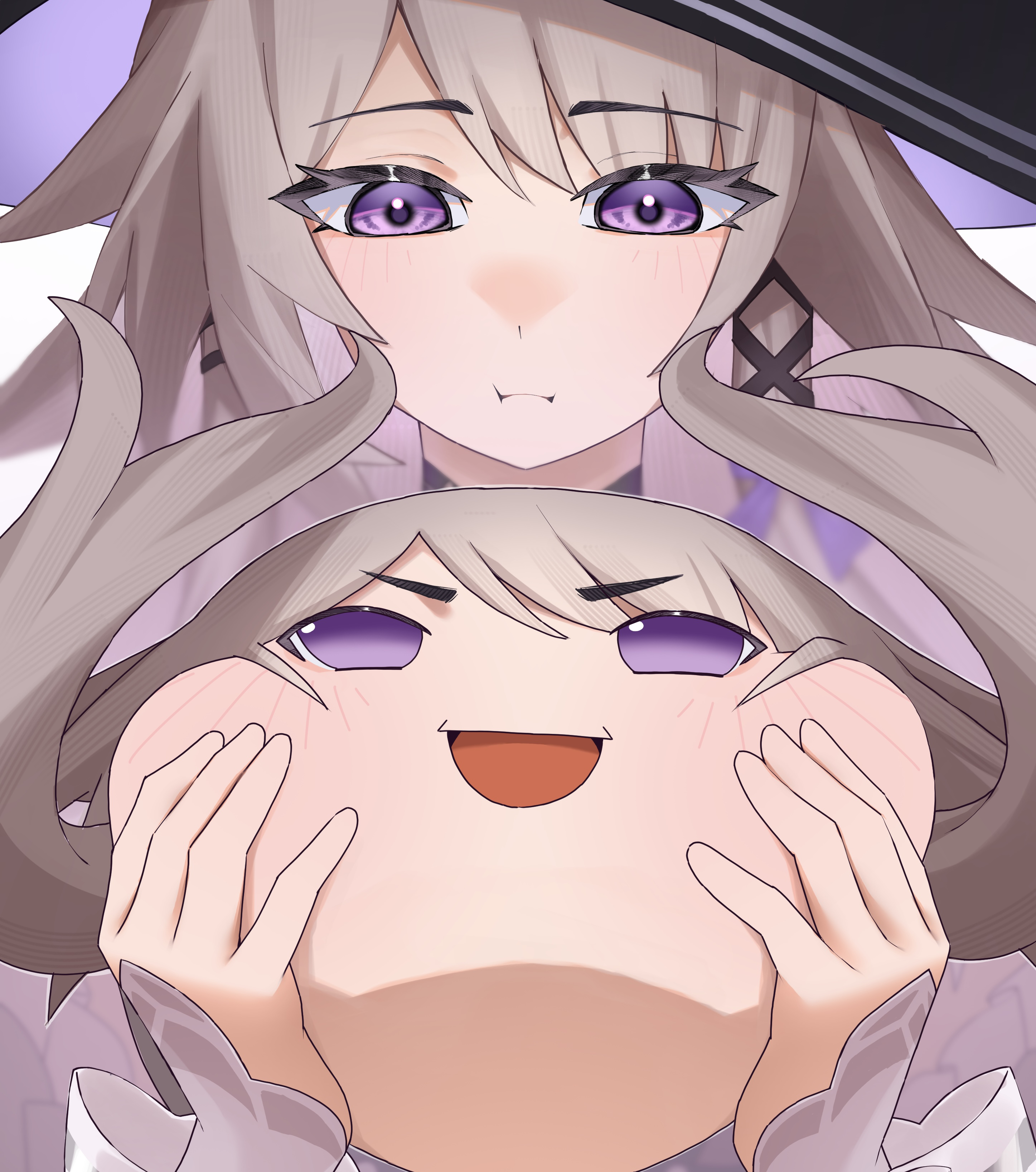 herta (honkai: star rail), the herta (honkai: star rail), honkai: star rail, honkai (series), absurdres, highres, :d, aichi (ipip0417), blush, grey hair, holding, long hair, open mouth, purple eyes, smile, upper body, yukkuri shiteitte ne