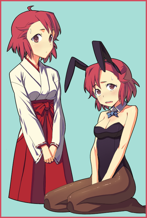 fondolger, aoba tsugumi, kannagi, bad id, bad pixiv id, 00s, 1girl, animal ears, breasts, cleavage, fake animal ears, fondoler, hakama, hakama skirt, japanese clothes, medium breasts, miko, pantyhose, playboy bunny, rabbit ears, red eyes, red hair, red hakama, short hair, skirt
