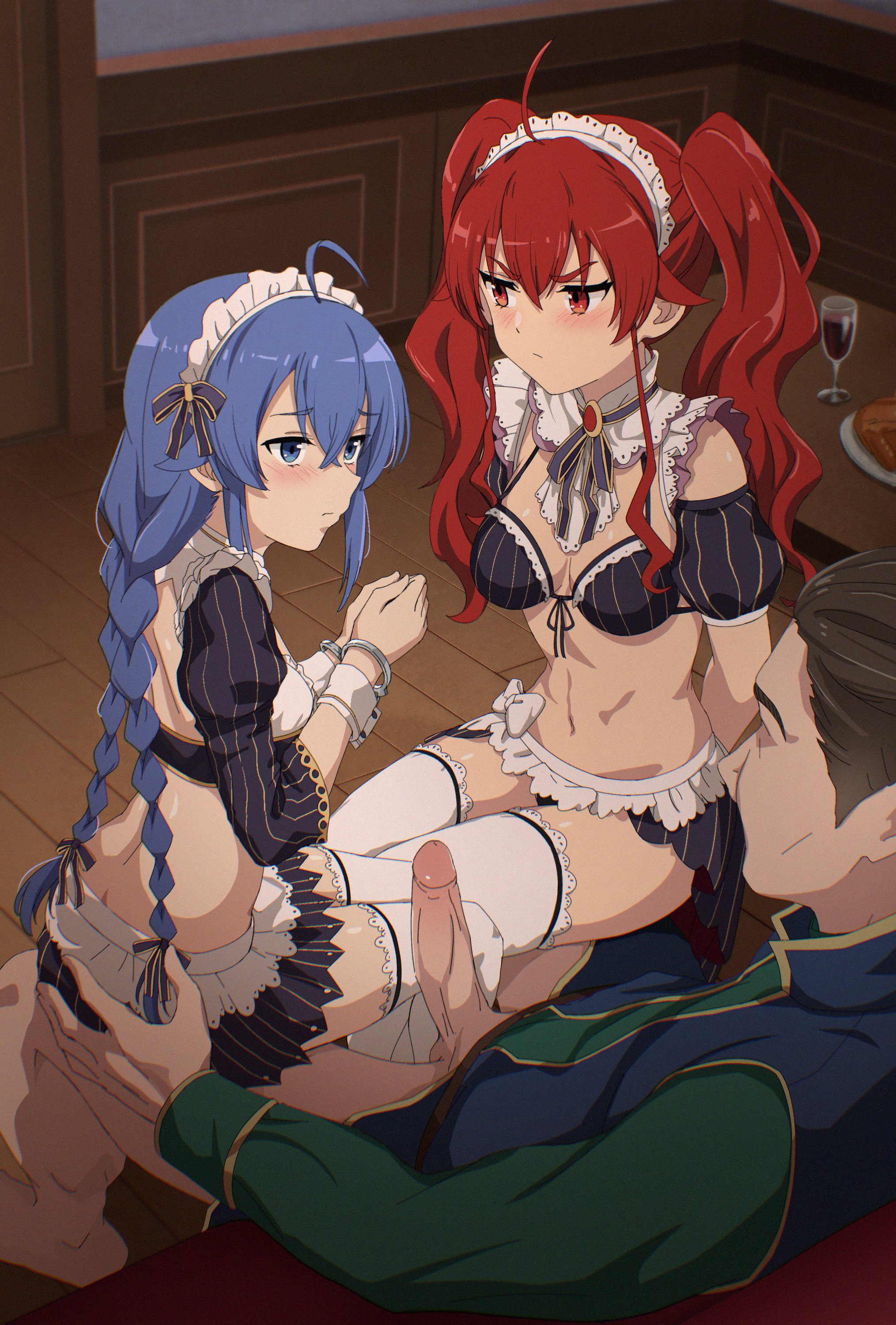 tetsuffy (tetsulul), eris greyrat, roxy migurdia, mushoku tensei, absurdres, character request, highres, 1boy, 2girls, ahoge, black bra, black panties, blue eyes, blue hair, bra, breasts, brown hair, covered navel, cuffs, handcuffs, long hair, looking at another, looking to the side, low twintails, maid, maid headdress, medium breasts, miniskirt, multiple girls, navel, panties, penis, red eyes, red hair, short hair, shrug (clothing), sitting, sitting on lap, sitting on person, skindentation, skirt, small breasts, stomach, thighhighs, twintails, underwear, very long hair, white thighhighs