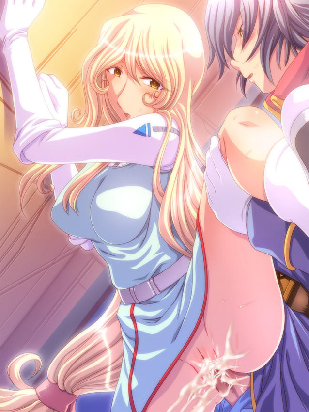tomo (yuugure), tomoeri, manabu yuki, sexaroid yuki, yuuki manabu, ginga tetsudou monogatari, uniform, 00s, 1boy, 1girl, against wall, belt, bent over, blonde hair, breasts, brown eyes, clothed sex, cum, cum in pussy, doggystyle, elbow gloves, gloves, grey hair, hetero, leg grab, leg lift, long hair, open mouth, penis, ponytail, pussy, sex, sex from behind, spread legs, uncensored, vaginal, very long hair, yellow eyes