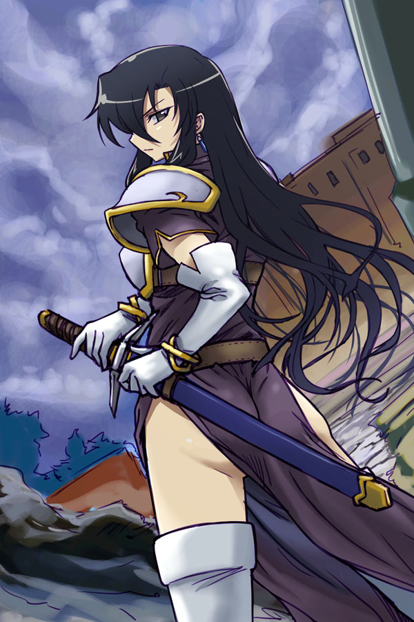 michael f91, ayra (fire emblem), fire emblem, fire emblem: genealogy of the holy war, nintendo, 1girl, armor, ass, black hair, elbow gloves, female focus, gloves, long hair, pelvic curtain, solo, sword, thighhighs, weapon