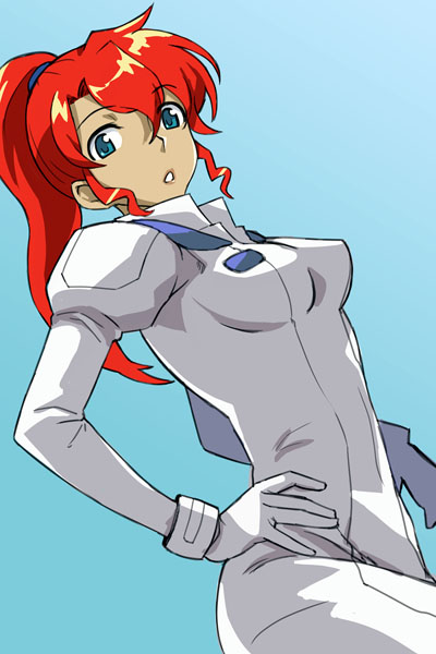 michael f91, kate bush, gundam, victory gundam, 1990s (style), bodysuit, green eyes, hand on own hip, high ponytail, hip focus, ponytail, red hair, retro artstyle, simple background, solo