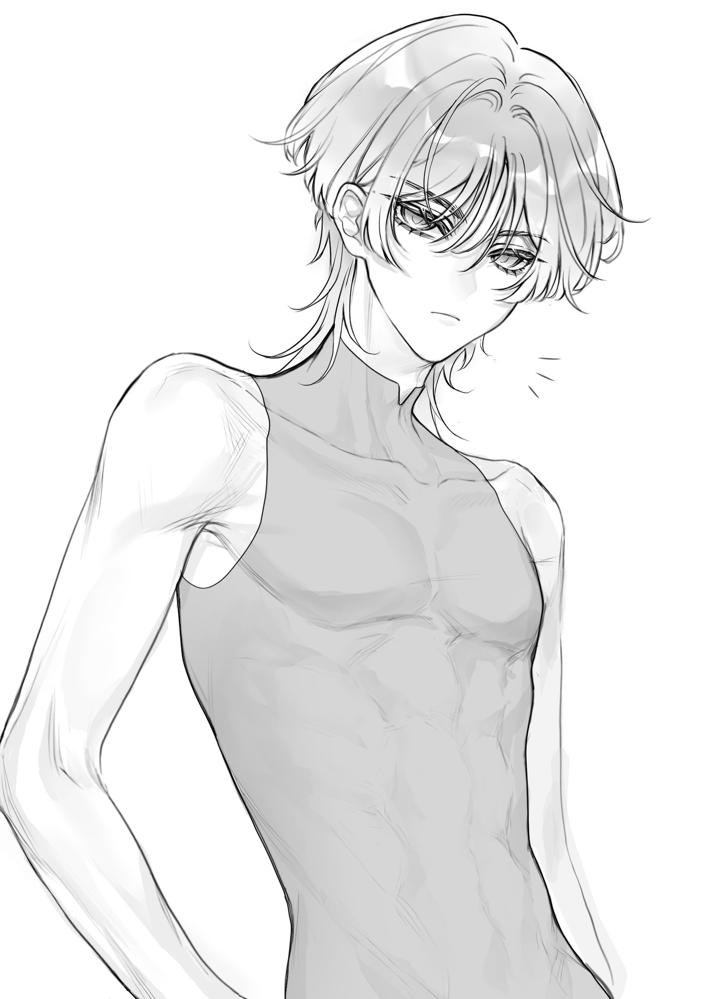 scaramouche (genshin impact), genshin impact, highres, 1boy, abs, arms at sides, bare shoulders, bishounen, blunt ends, bodysuit, choppy bangs, covered collarbone, expressionless, eyelashes, greyscale, hacwss, hair intakes, looking at viewer, male focus, mandarin collar, monochrome, notice lines, pectorals, solo, toned, toned male, tsurime, upper body, white background