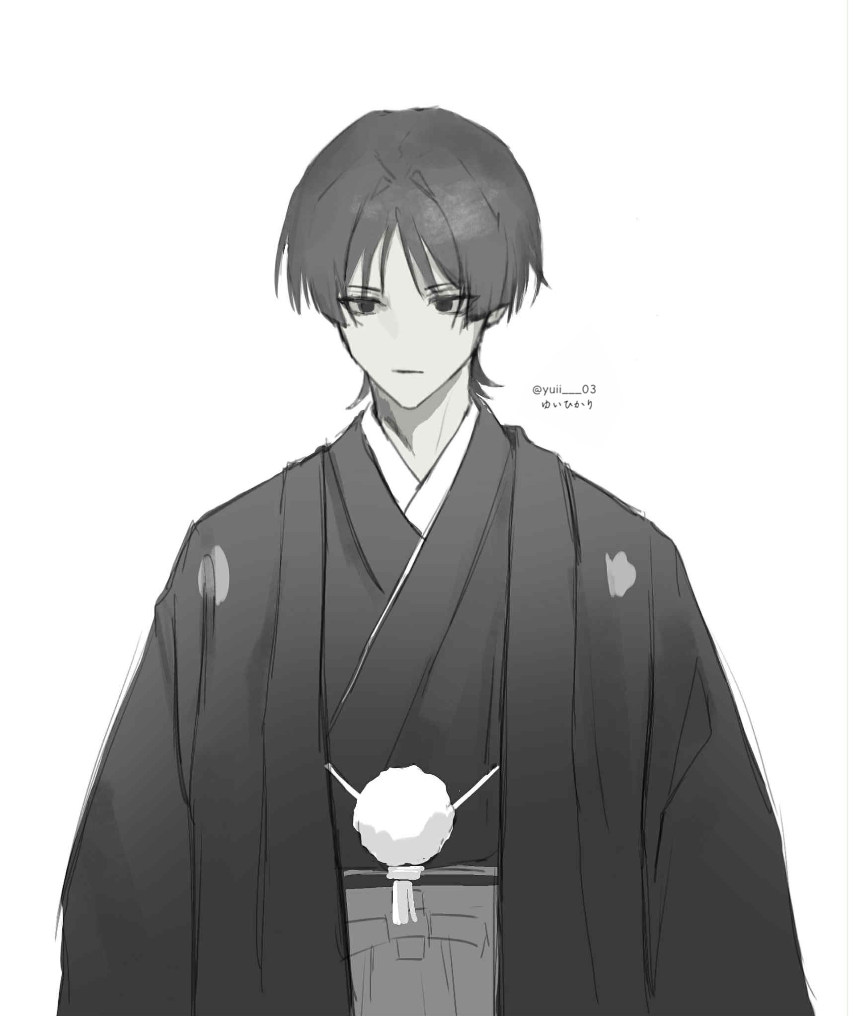 yuii 03, scaramouche (genshin impact), genshin impact, silent hill (series), silent hill f, highres, translation request, 1boy, alternate costume, arms at sides, black haori, blunt ends, closed mouth, empty eyes, expressionless, greyscale, hair intakes, hakama, haori, haori himo, japanese clothes, juban, kimono, long sleeves, looking past viewer, male focus, monochrome, solo, twitter username, upper body, white background, white kimono, wispy bangs