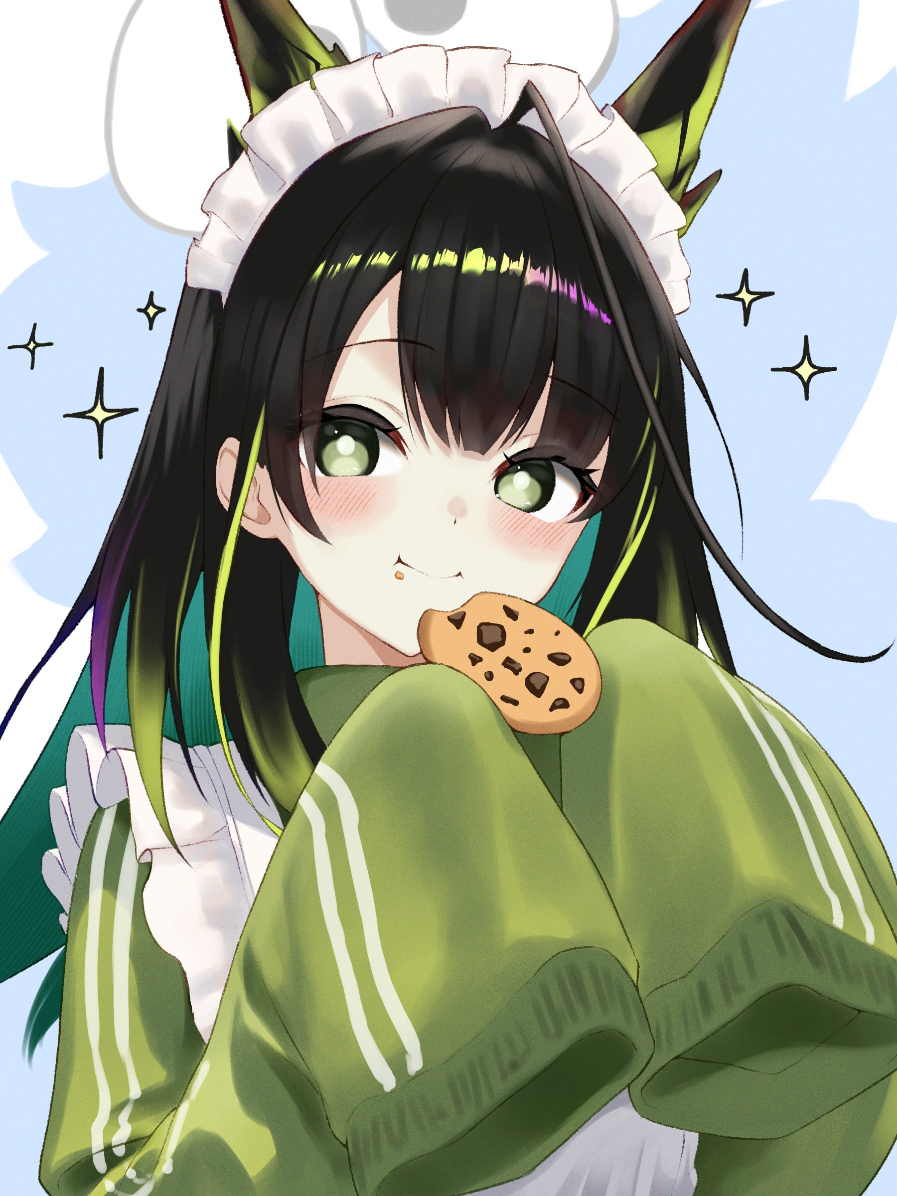 dr.lamina, mon3tr (arknights), arknights, absurdres, commentary, highres, 1girl, ahoge, alternate costume, black hair, blush, bright pupils, chocolate chip cookie, closed mouth, colored inner hair, cookie, eating, enmaided, food, frills, green eyes, green hair, green jacket, holding, holding food, huge ahoge, jacket, jersey maid, looking at viewer, maid, maid headdress, medium hair, multicolored hair, pink hair, sleeves past fingers, sleeves past wrists, smile, solo, sparkle, sparkling aura, unconventional maid, upper body, white pupils