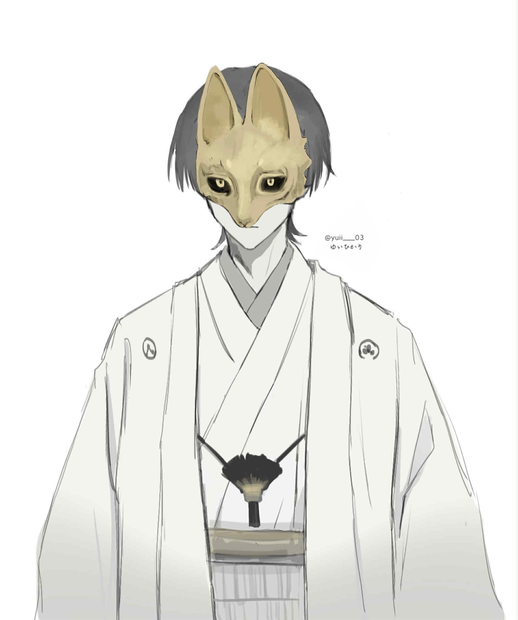 yuii 03, scaramouche (genshin impact), genshin impact, silent hill (series), silent hill f, clothing request, highres, translation request, 1boy, alternate costume, arms at sides, blunt ends, closed mouth, eye mask, fox mask, gold mask, grey hair, grey kimono, hakama, haori, japanese clothes, juban, kimono, long sleeves, male focus, mask, muted color, solo, twitter username, upper body, white background, white hakama, white haori, white kimono