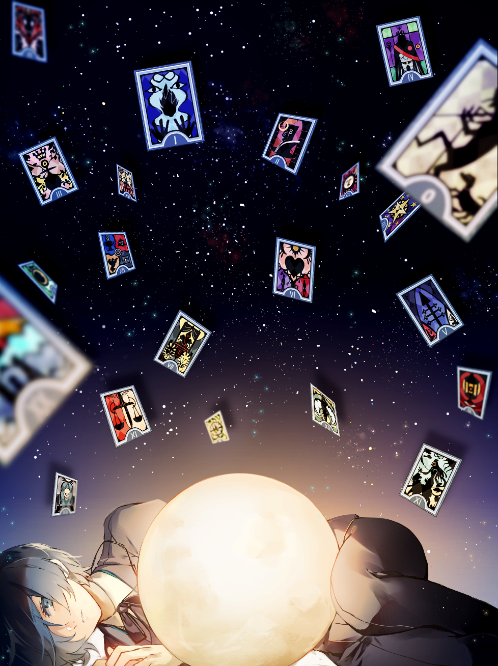 lor (roasyerizyonirapi), yuuki makoto (persona 3), persona, persona 3, commentary request, highres, 1boy, black jacket, black pants, black ribbon, blue eyes, blue hair, blurry, blurry foreground, card, death (tarot), feet out of frame, floating card, full moon, hair over one eye, jacket, judgement (tarot), justice (tarot), looking at viewer, lying, moon, on side, pants, parted lips, ribbon, short hair, sky, solo, star (sky), starry sky, starry sky background, strength (tarot), tarot, tarot card, temperance (tarot), the chariot (tarot), the devil (tarot), the empress (tarot), the fool (tarot), the hanged man (tarot), the hermit (tarot), the hierophant (tarot), the high priestess (tarot), the lovers (tarot), the magician (tarot), the moon (tarot), the star (tarot), the sun (tarot), the tower (tarot), wheel of fortune (tarot)