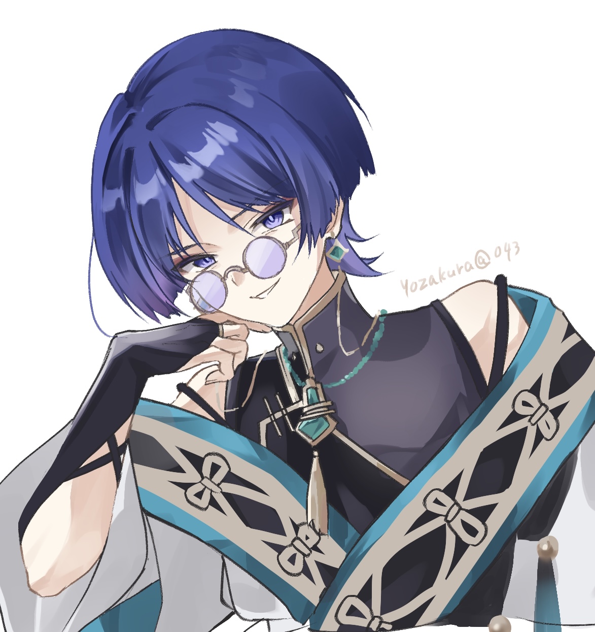 rui (yozakura043), scaramouche (genshin impact), wanderer (genshin impact), wanderer (parallels meet) (genshin impact), genshin impact, highres, 1boy, alternate costume, aqua trim, arm cutout, bags under eyes, bare shoulders, bead necklace, beads, bespectacled, black bridal gauntlets, black shirt, blunt ends, bridal gauntlets, chinese clothes, clothing cutout, earrings, eyeliner, eyeshadow, fingernails, glasses, gold, gold trim, hand on own face, head tilt, hoyofair, jewelry, leaning to the side, makeup, male focus, mandarin collar, middle ring, necklace, parted lips, portrait, purple-tinted eyewear, purple eyes, purple hair, red eyeliner, red eyeshadow, robe, shirt, smile, solo, spaghetti strap, tassel necklace, three-quarter sleeves, tinted eyewear, tsurime, twitter username, white background, white mouth, white robe, white sleeves, wispy bangs, yellow-framed eyewear