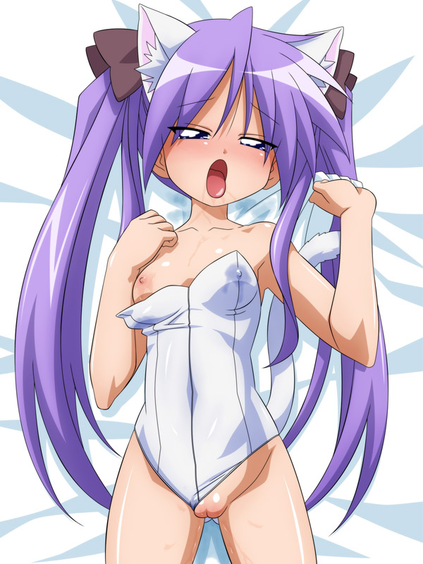 sugimura tomokazu, hiiragi kagami, lucky star, source request, 00s, 1girl, ahegao, animal ear fluff, animal ears, blush, breasts, cat ears, cat tail, cleft of venus, clothing aside, covered erect nipples, dakimakura (medium), female focus, kittysuit, leotard, long hair, lying, nontraditional playboy bunny, on back, one-piece swimsuit aside, one breast out, open mouth, purple hair, pussy, pussy juice, small breasts, solo, star-shaped areolae, swimsuit, swimsuit aside, tail, tongue, tongue out, twintails, uncensored, white background